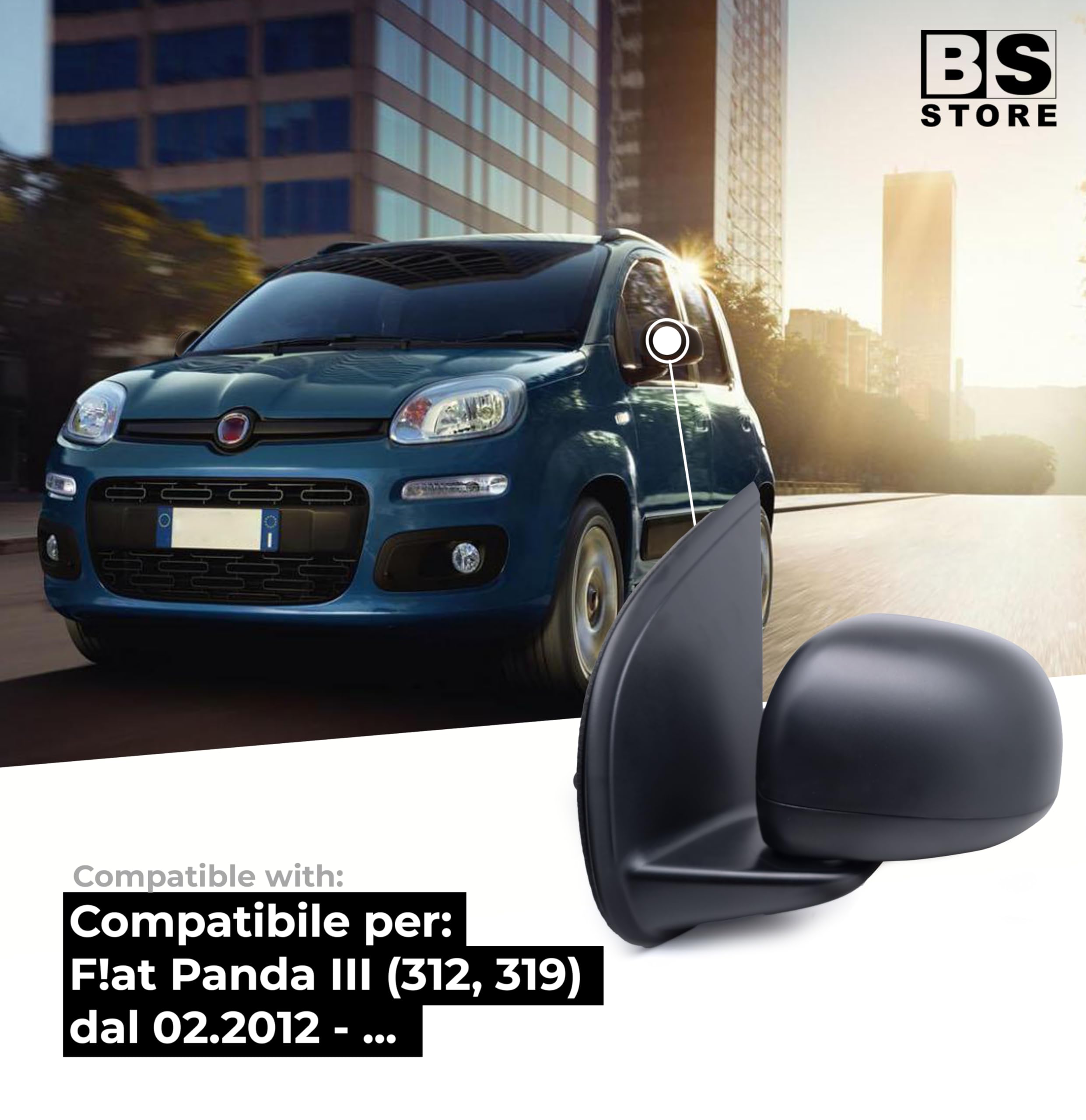 BSSTORE Specchietto Retrovisore Esterno Nero per Panda dal 2012 (312, 319) con Regolazione Manuale (Sinistra - Lato Conducente)