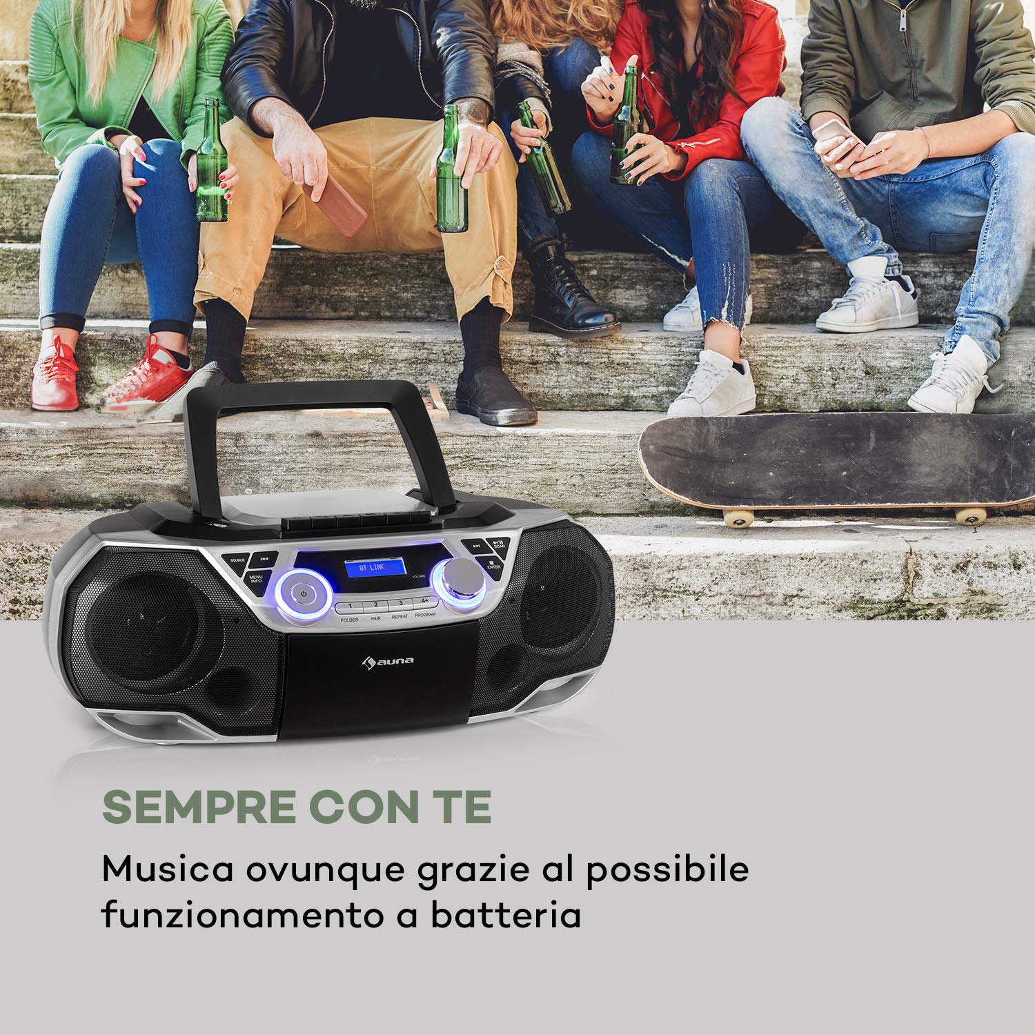 auna Roadie 2K - Boombox, Radio DAB+/FM, Lettore CD, CD-R/CD-RW/CD-MP3, Radiocassette, Portatile, USB, MP3/WMA, Bluetooth 5.0, AUX, Alimentazione a Corrente e Batteria, Argento