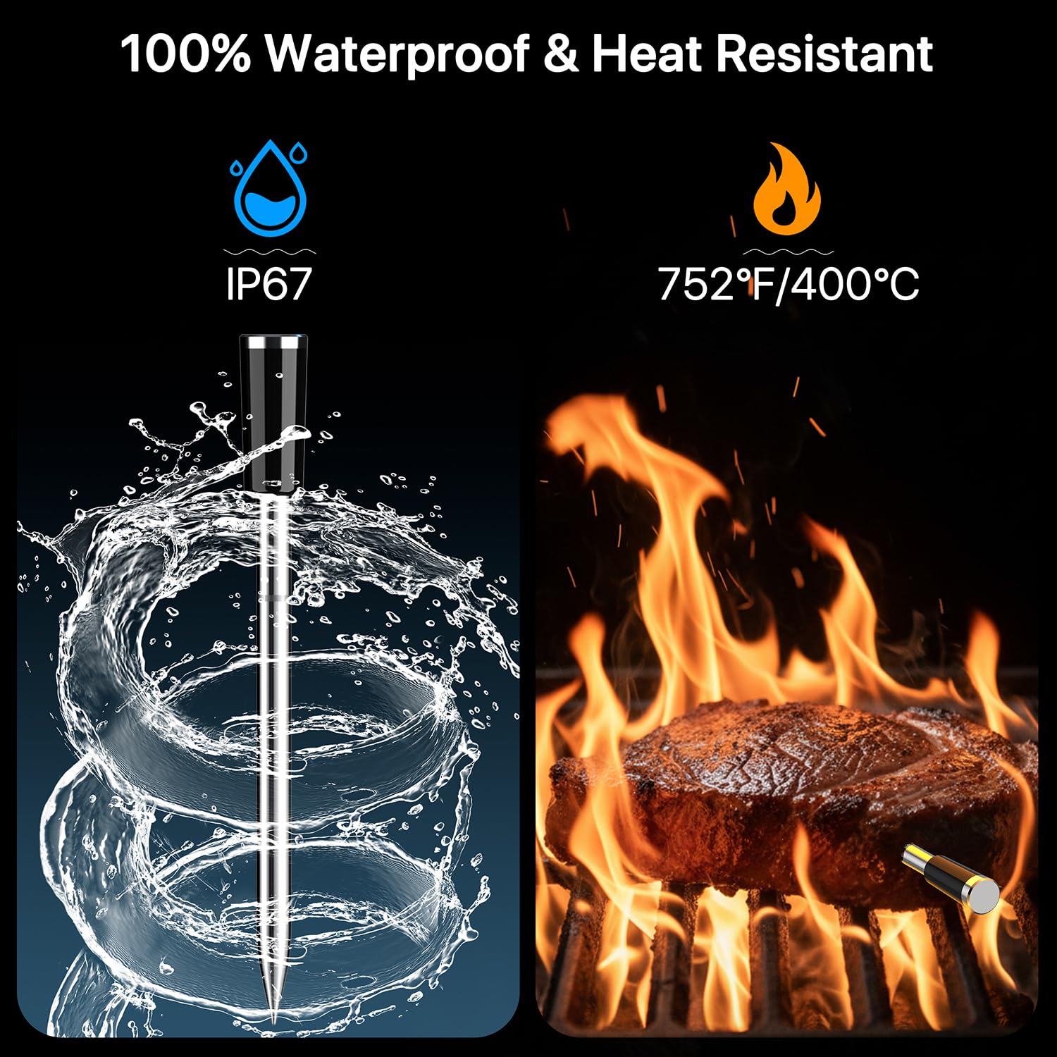 BFOUR Termometro per carne senza fili con WiFi e Bluetooth, 100% impermeabile con 2 sonde, doppio monitoraggio della temperatura per barbecue, forno, arrosto – BF-80