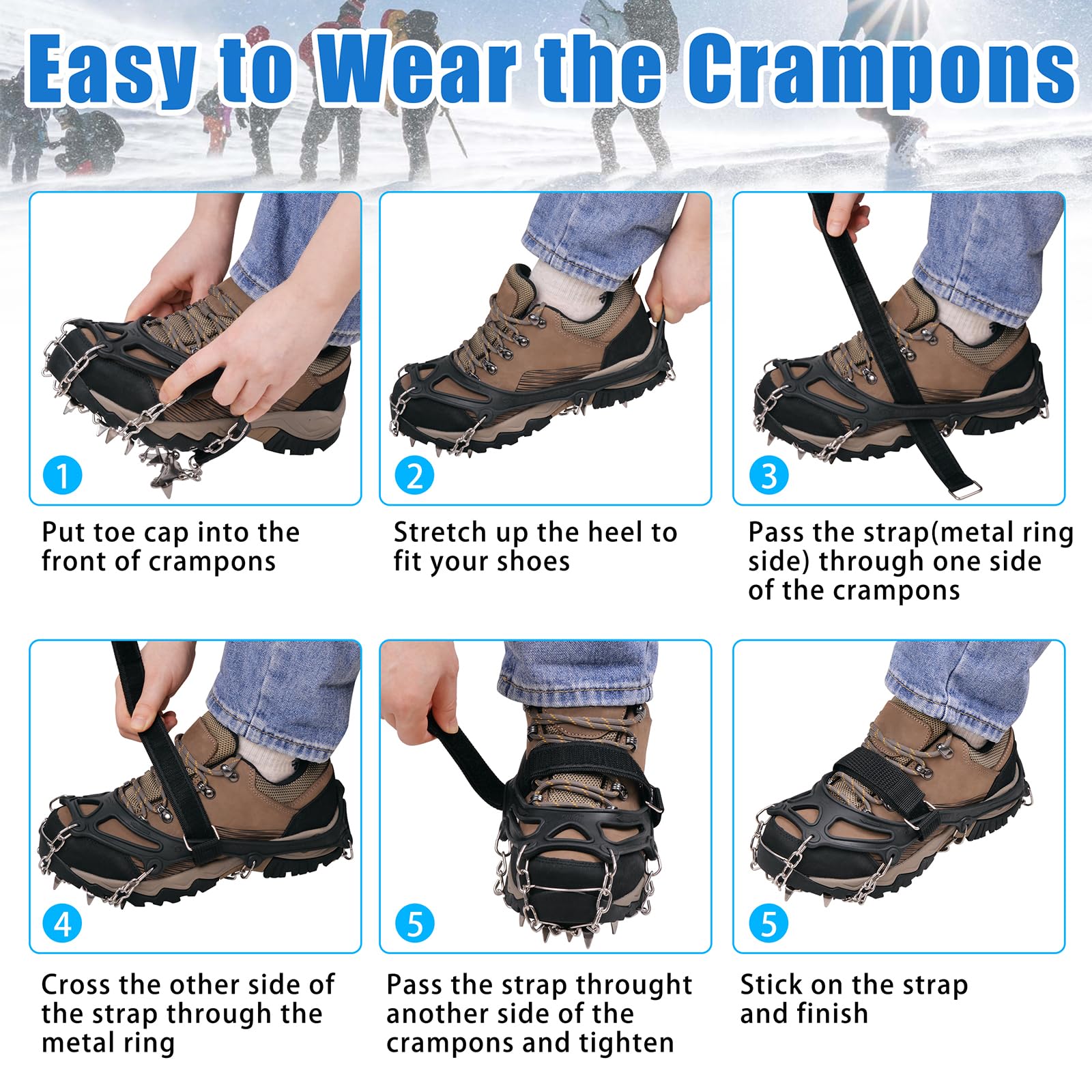 Crampons à 19 pointes antidérapantes pour chaussures et bottes, crampons de traction pour bottes de randonnée, bottes de randonnée, protection sûre pour la marche d'hiver, la randonnée, la pêche sur