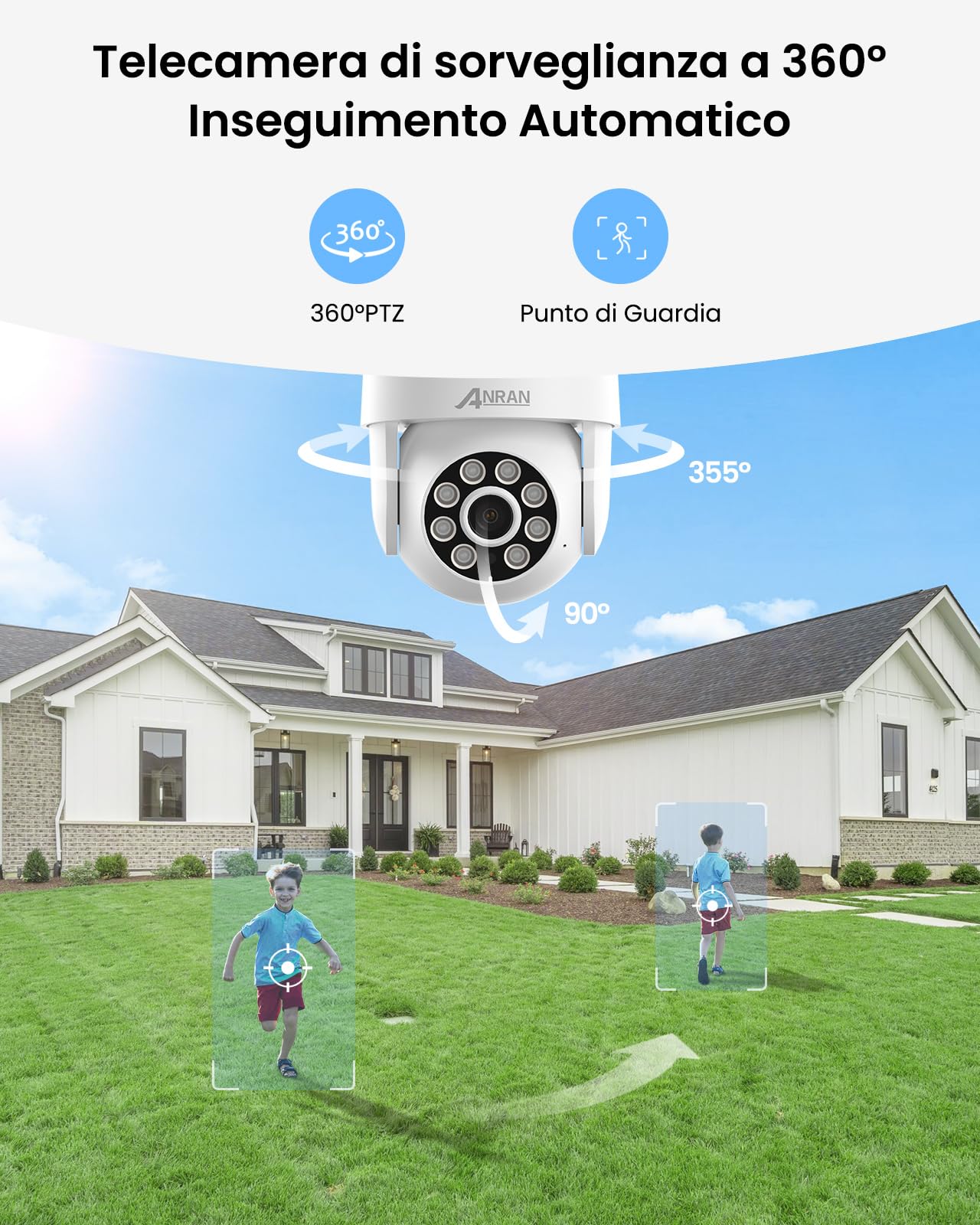 ANRAN 4K PoE Kit Videosorveglianza Esterno, NVR 8CH 2TB + 4x 8MP 360° PTZ Telecamere con Tracciamento Automatico, Rilevamento AI, Registrazione 24/7, Espandibile 10TB, Accesso Remoto, Sirena, IP67