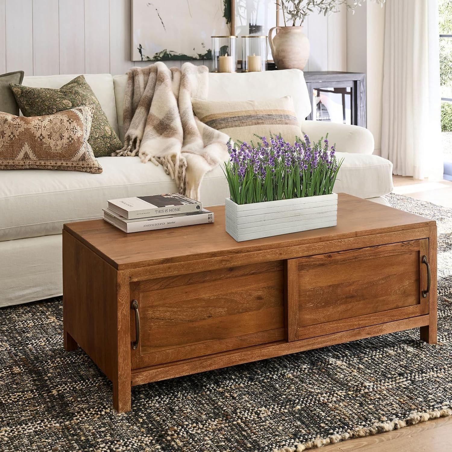 14 Inch Artificial Lavender Flower Arrangement in Rustic Rectangular Wood Planter Box Purple Fake Lavender Flower Faux Potted Lavenders Plants for Table Centerpiece Windowsill Shelf Home Decor Indoor