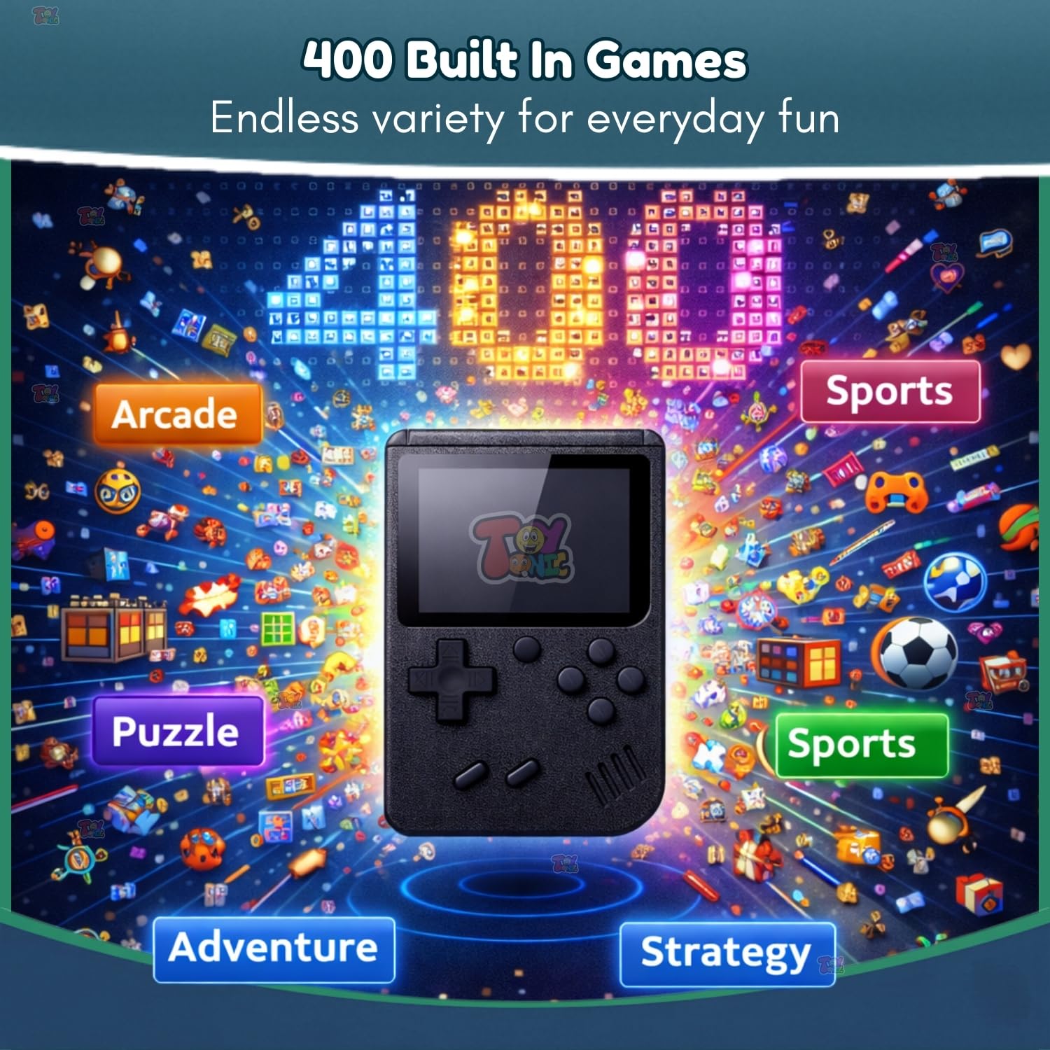 TOYTONIC Rechargeable Pocket Video Game Console for Kids 400-in-1 Retro Handheld Gaming Device with Built-in Classic Games, TV Output Support(Color Assorted) 2