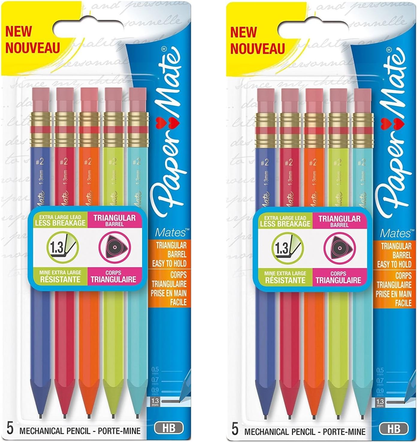 2 x PaperMate® Mechanical Pencil Multicolour 5 Pack Set - Triangular Easy Hold Barrel - 1.3mm HB Point - Refillable Mechanical Pencils