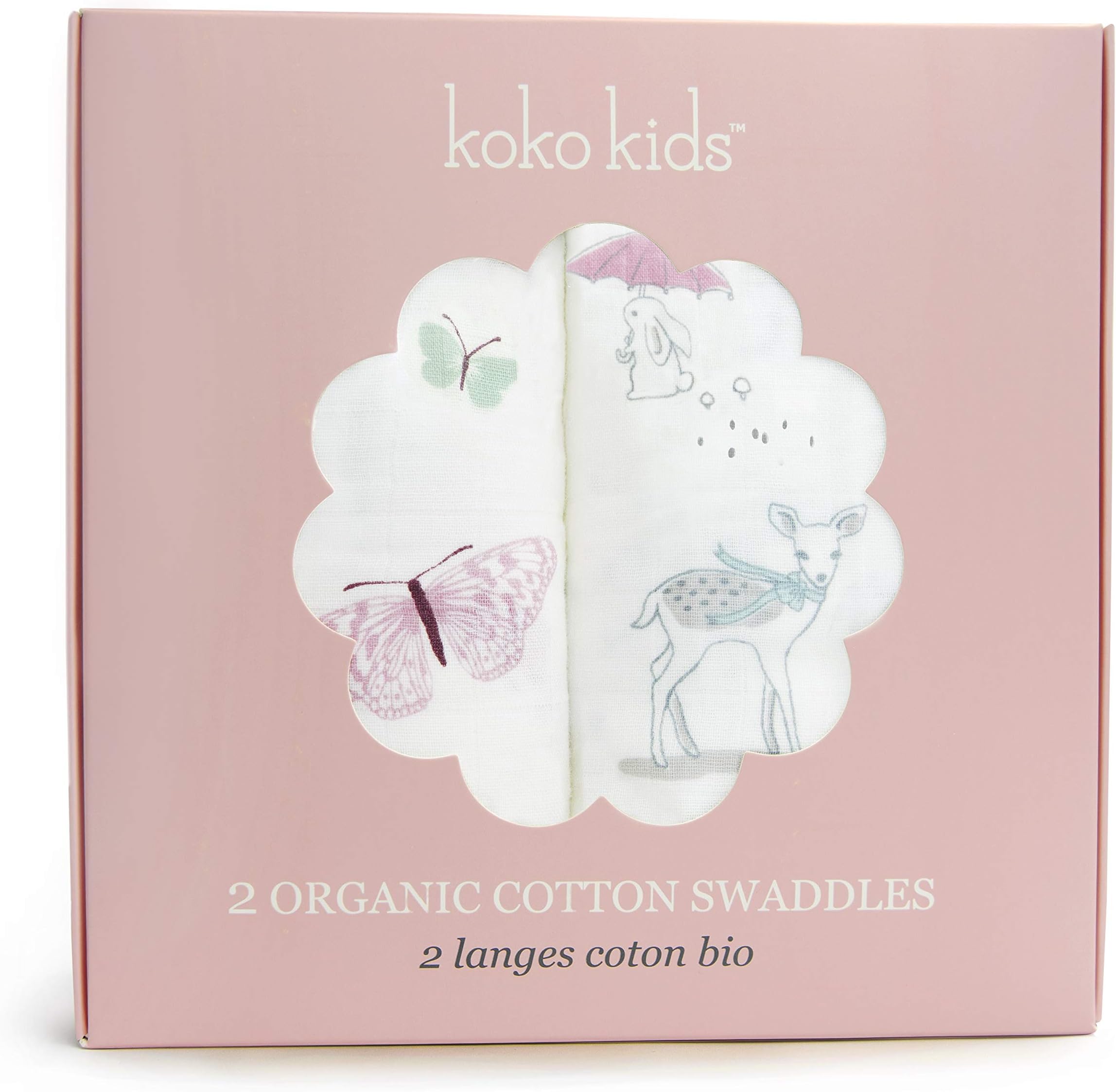 Koko Kids® 100% Organic Cotton Muslin Swaddles ~ 2 Pack, 120cm x 120cm. Pre-Washed, Unbleached Cotton. Forest Friends & Butterflies.