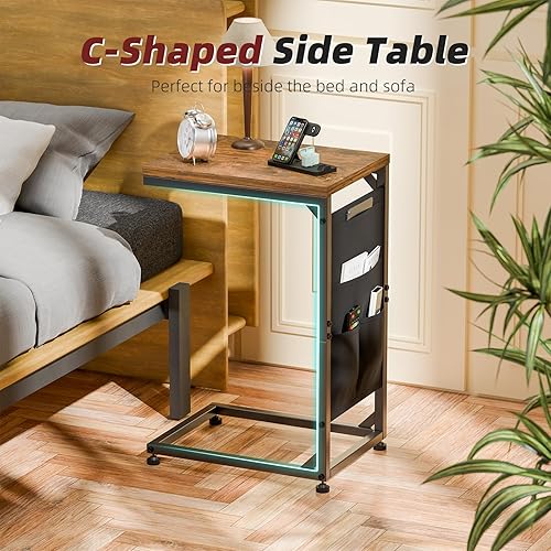 Miniatura 4 de Simple Trending Mesa auxiliar en forma de C, juego de 2 bandejas de TV para mesa auxiliar con bolsa de almacenamiento de tela, mesa de sofá para