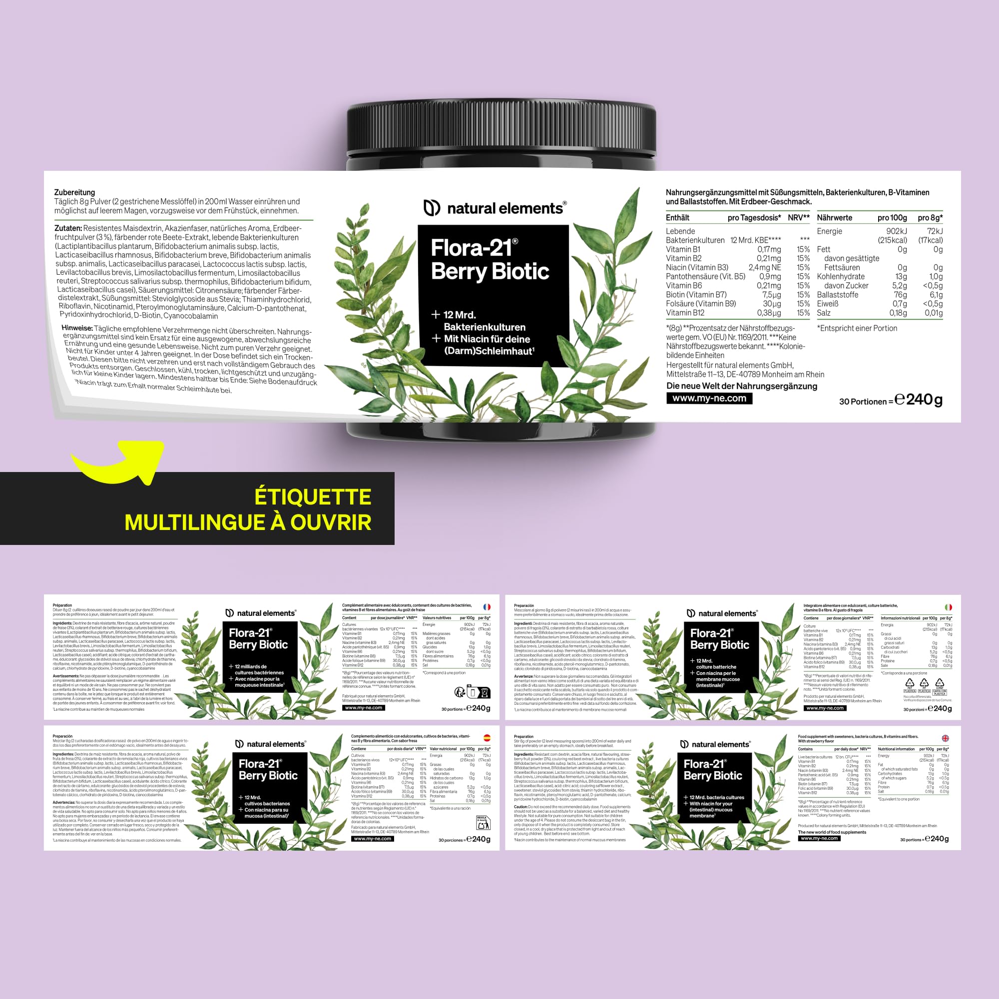 21 Flora Berry Biotic – Poudre pour boisson aux baies – 13 souches de bactéries avec fibres & complexe de vitamines B – 12 milliards d’UFC par portion – 30 portions goût fraise – Vegan