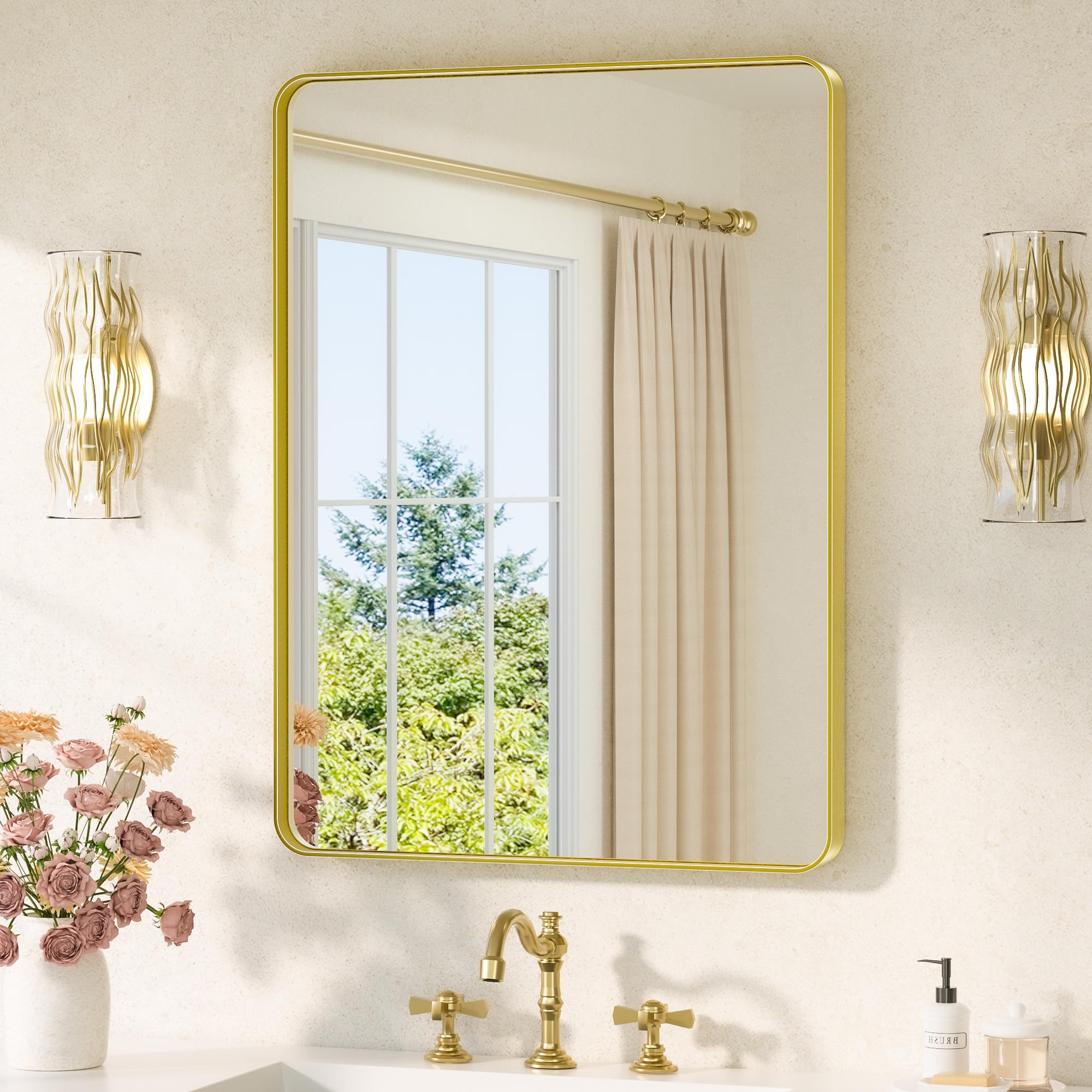 TETOTE 60x80cm Wandspiegel Gold Ohne Beleuchtung, Rechteckig Badspiegel mit Runder Ecke, Metallrahmen Badezimmer Spiegel für Waschbecken, Gehärtetes Glas Dekorative Spiegel