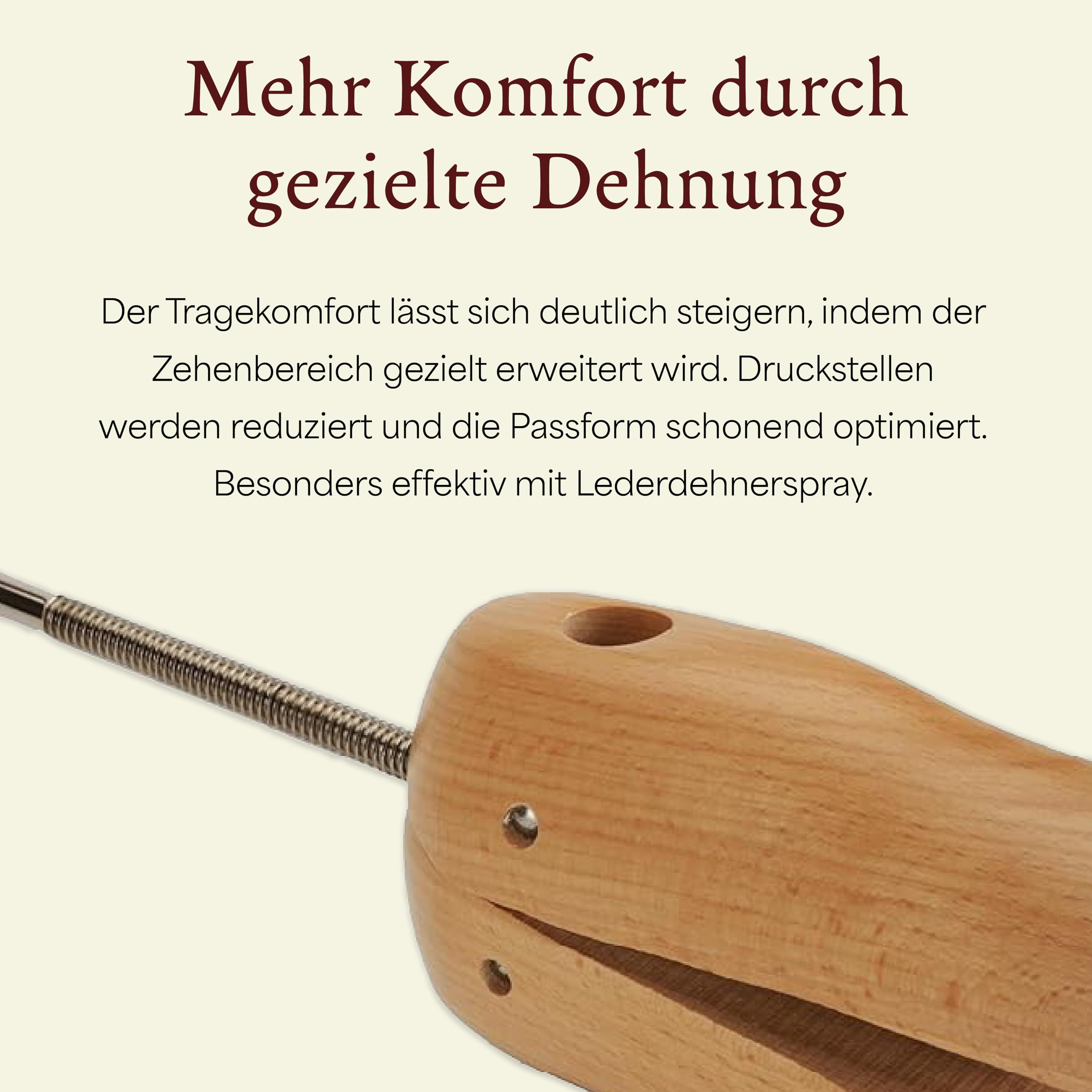 Langer & Messmer Schuhdehner und Stiefeldehner für die Zehenbox für Herren gegen drückende Schuhe - gefertigt aus massivem Buchenholz und inkl. Lederdehnerspray 50ml