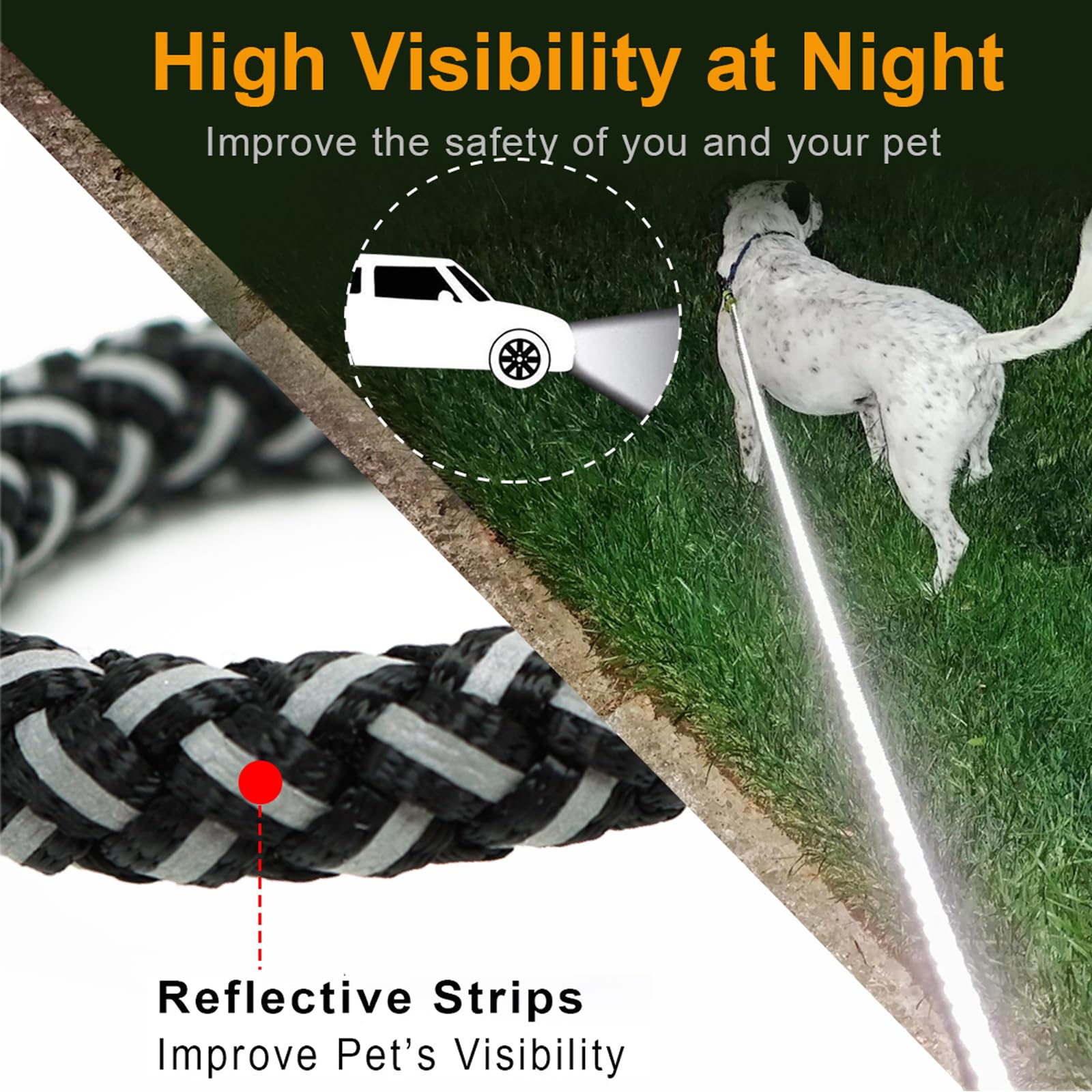 2/3/4/6/10 Foot Reflective Dog Leash Strong Nylon Rope Braided Heavy Duty for Large and Medium Small Dogs Walking Training Leads (Black, 3ft * 1/2") — view 5