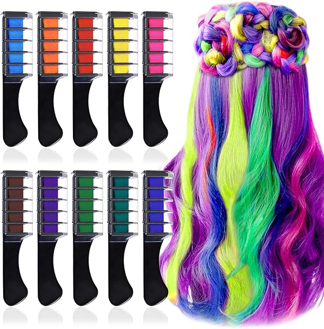 EBANKU 10 Colors Temporary Hair Chalk, Washable Color Hair Comb with Lid for Girls Kids Birthday Gift, Cosplay, Party, Hair Chalk Comb with Shawl for Girls Makeup Party Christmas Halloween