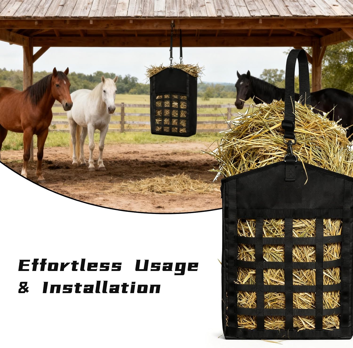 2 Pack Hay Bags for Horses,Goats,Sheep, Horse Hay Nets with Adjustable Straps, Large Top Opening Hook-and-Loop Seals, Durable Hay Feeder for Equine & Livestock