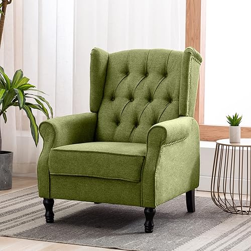 Miniatura 25 de Artechworks Silla moderna de tela alada, silla de club con brazo copetudo, sofá individual de lino con patas de madera, cómodo tapizado para leer,