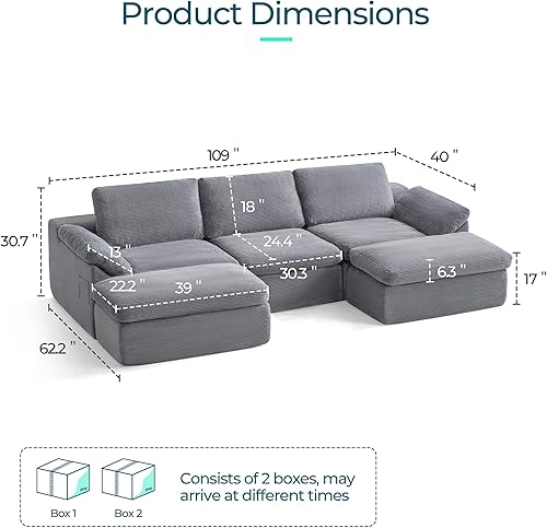 Miniatura 2 de LINSY HOME Sofá modular de 109 pulgadas, moderno sofá de nube sin hueso, sofá en forma de U con otomanas móviles, sofás seccionales de pana de