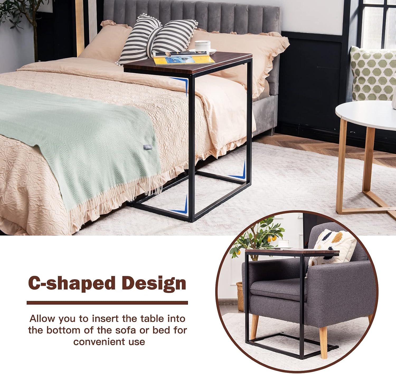 Tangkula C Shaped End Tables Set of 2, Couch Sofa Side TV Tray for Coffee Snack Laptop, Vintage Bedside Table for Living Room, Bedroom
