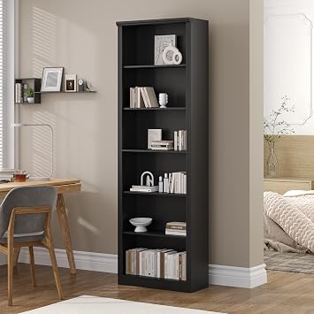Wodeer Tall Bookshelf, 6-Tier Bookcase with 2 Adjustable Shelves, Modern Farmhouse Storage for Living Room, Entryway, Office, 23.6" W x 74.8" H x 10.6" D, Black