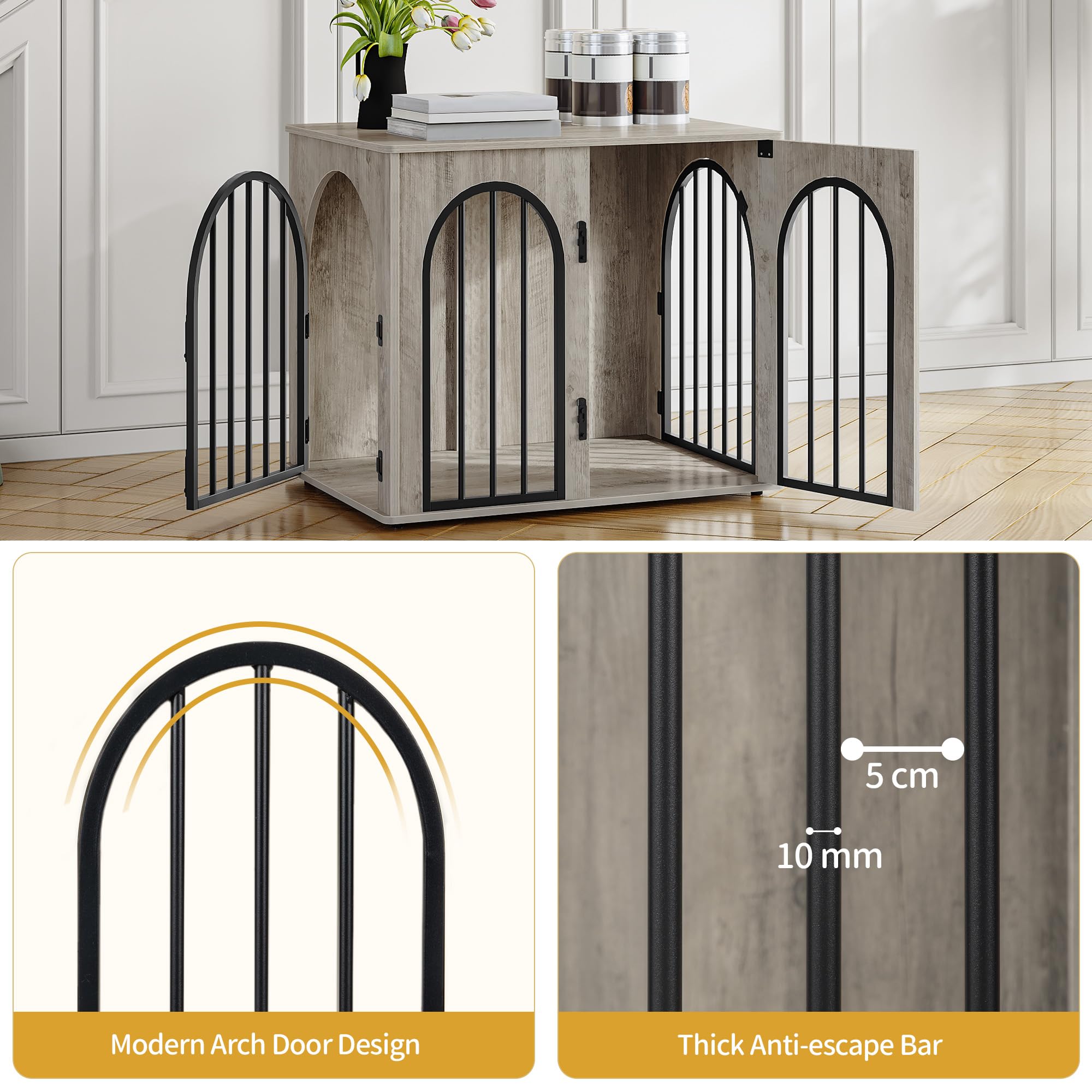Cage pour Chiens 68cm Table d'Appoint Niche Moderne Intérieur 3 Portes Porte arquée 68 x 49 x 56 cm Ivoire Clair