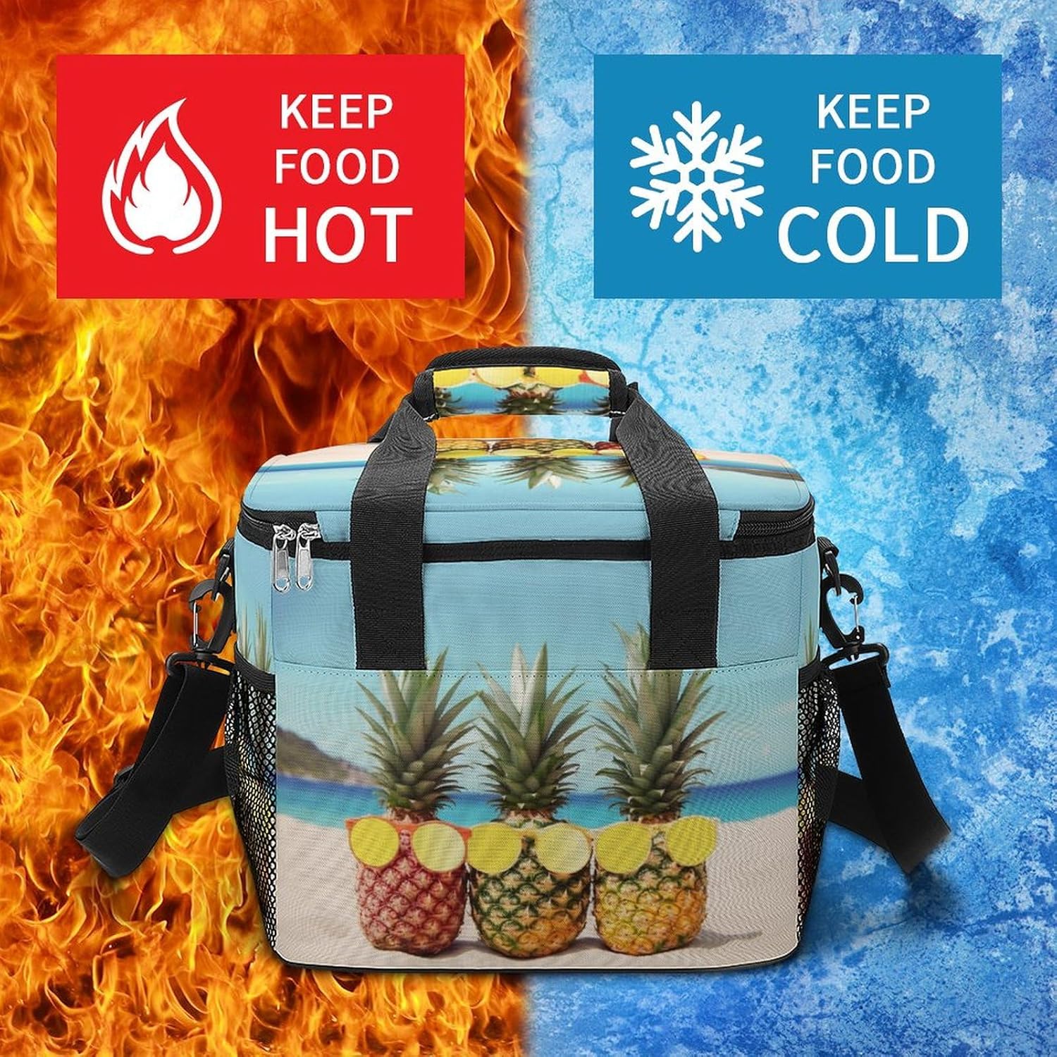 Large-Capacity Oxford Cloth Seaside Beach Yellow Geometric Pineapple Printed Camping Ice Bag, Outdoor Portable Insulation and Cold Storage Bag, Enjoy A Cool Camping Time