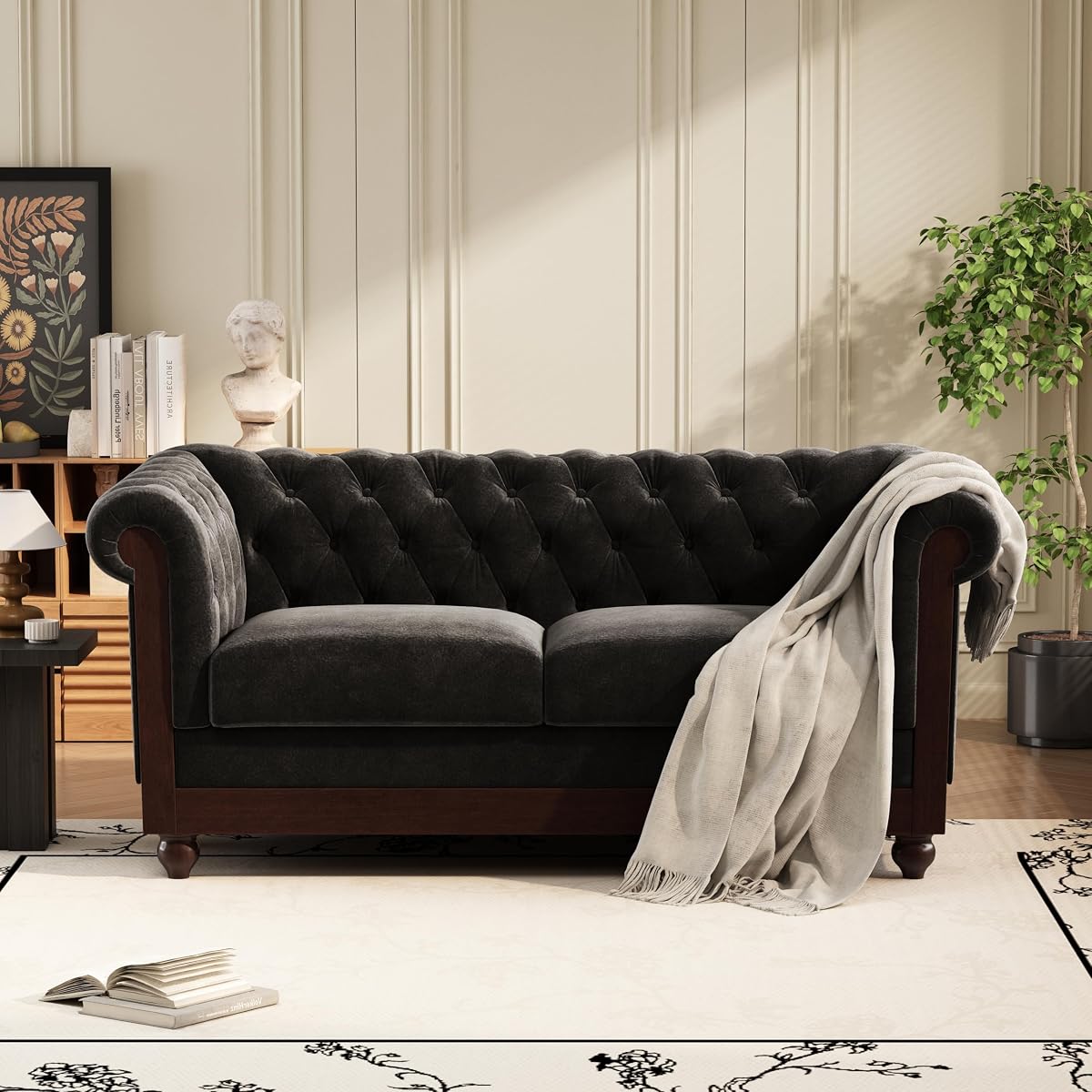 Christopher Knight Home Chesterfield Velvet Loveseat, 2-Seater Rolled Arm Upholstered Sofa Couch, Tufted Button Backrest and Birch Wood Leg, Living Room, Bedroom, Home Office, Black + Espresso