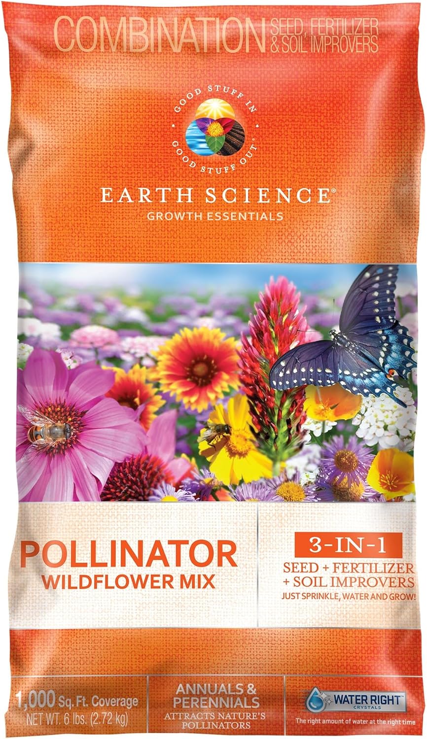 Wildflower Pollinator Mix from Earth Science, 3-in-1 Mix with Premium Wildflower Seed, Plant Food and Soil Conditioners, Non-GMO, for Bees, Hummingbirds, Butterflies, Pollinators 6 lb