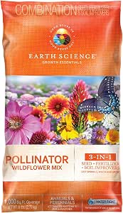 Earth Science Wildflower Pollinator Mix - 6lb, Over 56,000 Seeds, 3-in-1 Wildflower Seed, Plant Food & Soil Conditioner for Bees, Hummingbirds, Butterflies, Non-GMO, Covers Up to 1,000 Sq. Ft.