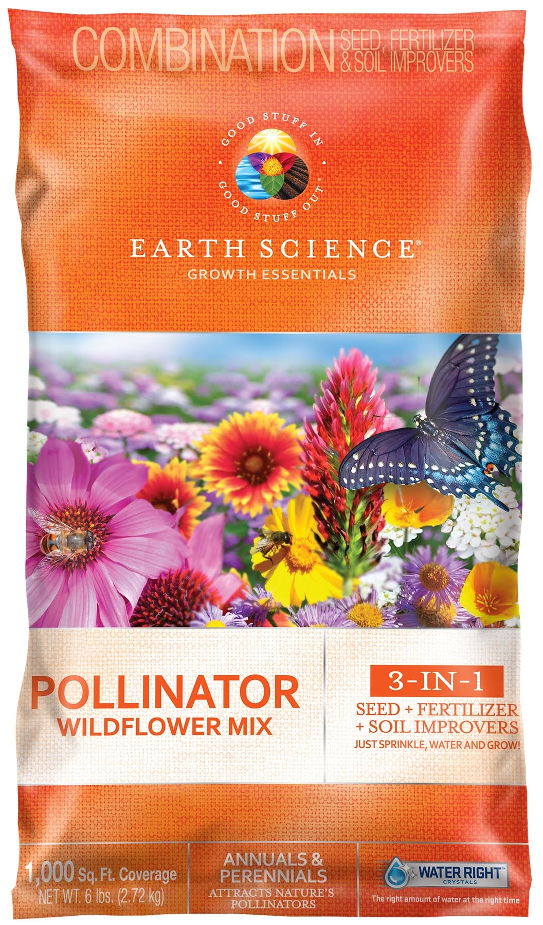 Earth Science Wildflower Pollinator Mix— 6 lb—3-in-1 Mix with Premium Wildflower Seed, Plant Food and Soil Conditioners, Non-GMO, for Bees, Hummingbirds, Butterflies, Pollinators