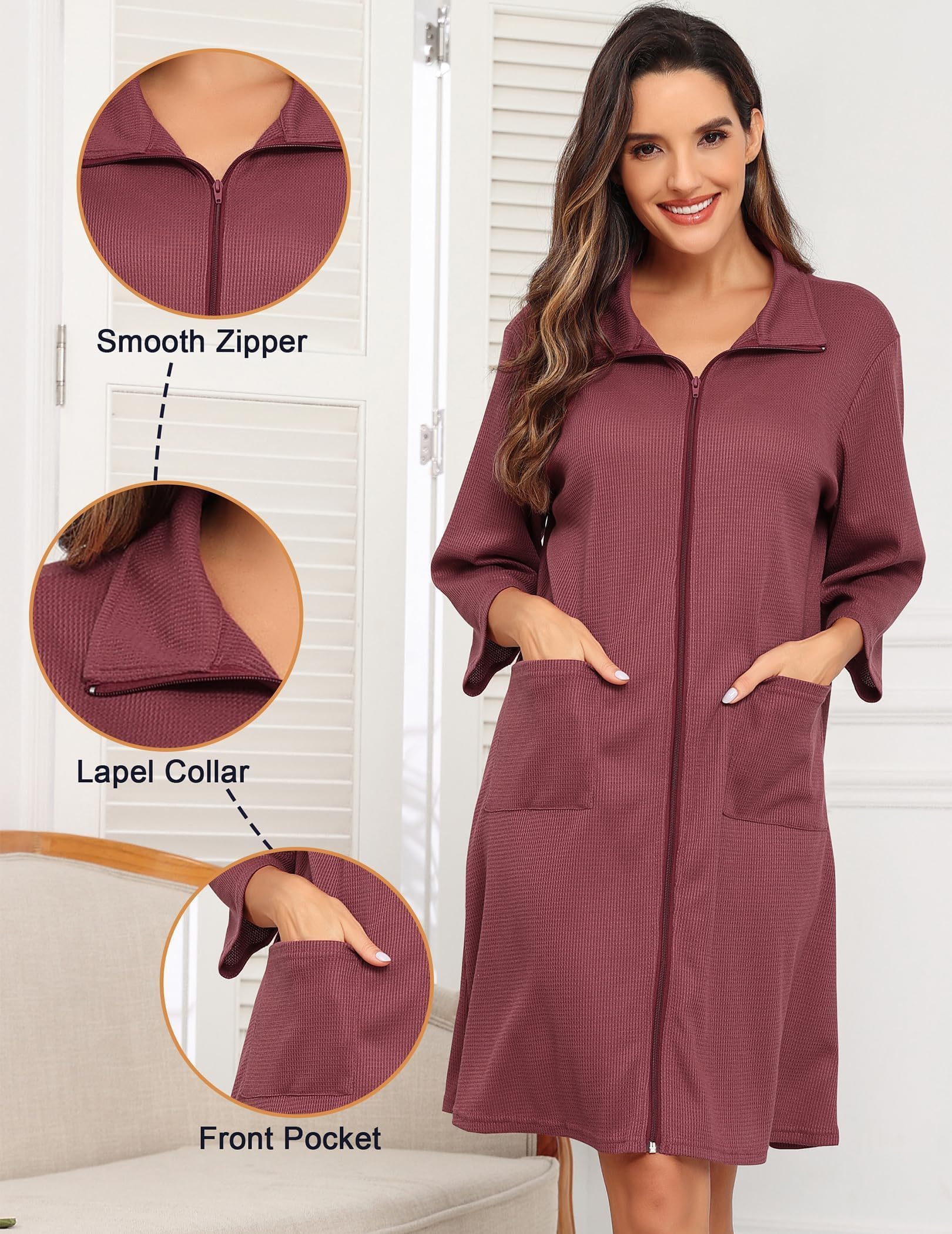 Lovasy Peignoir Femme à Fermeture Éclair Robe de Chambre Court en Tricot Gaufré Kimono Doux et Léger Longueur du Genou Loungewear avec Poches