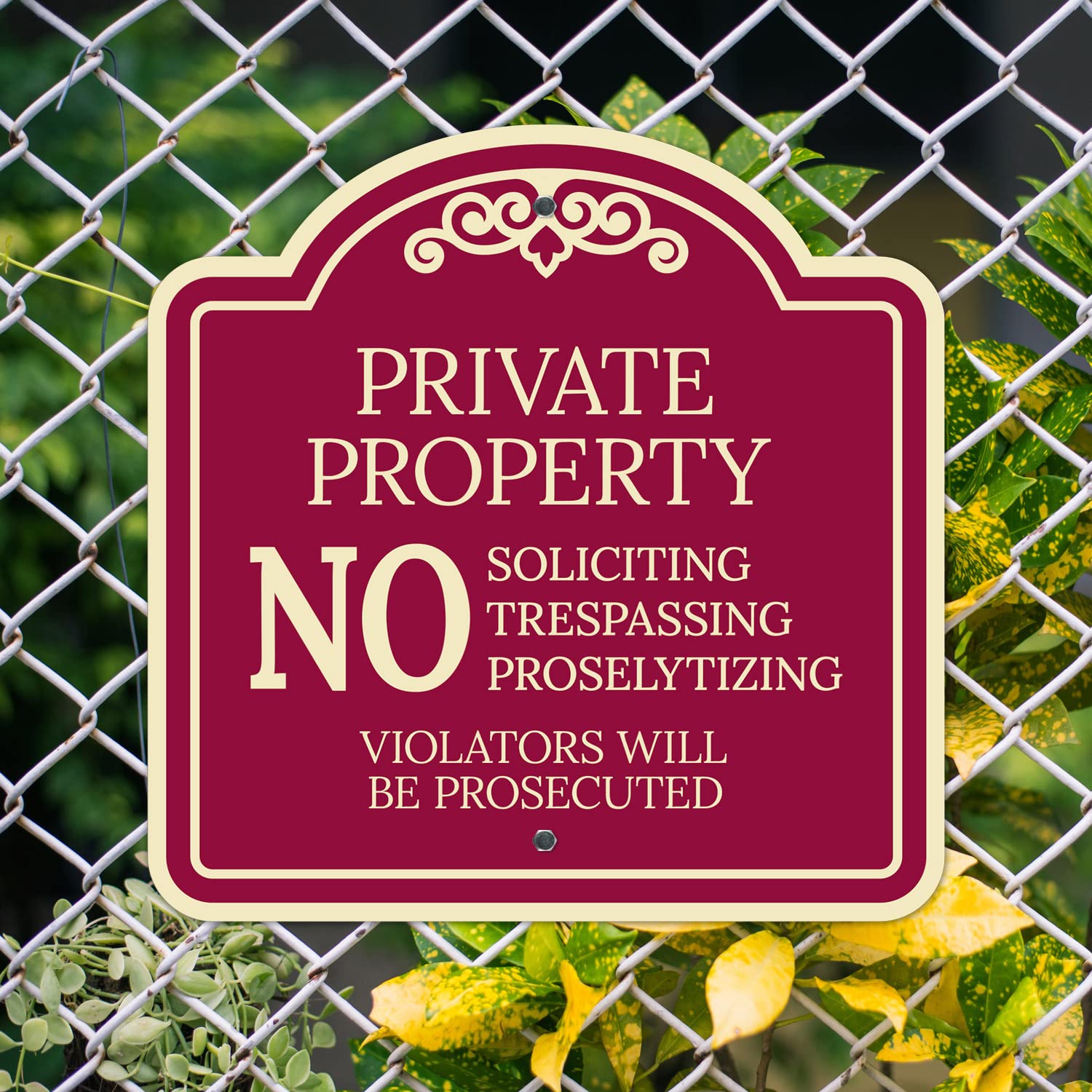 No Soliciting Trespassing Proselytizing Violators Will Be Prosecuted Décor Sign, Burgundy Dark, 18x18 Inches, ACM, Fade Resistant, Made in USA by Sigo Signs