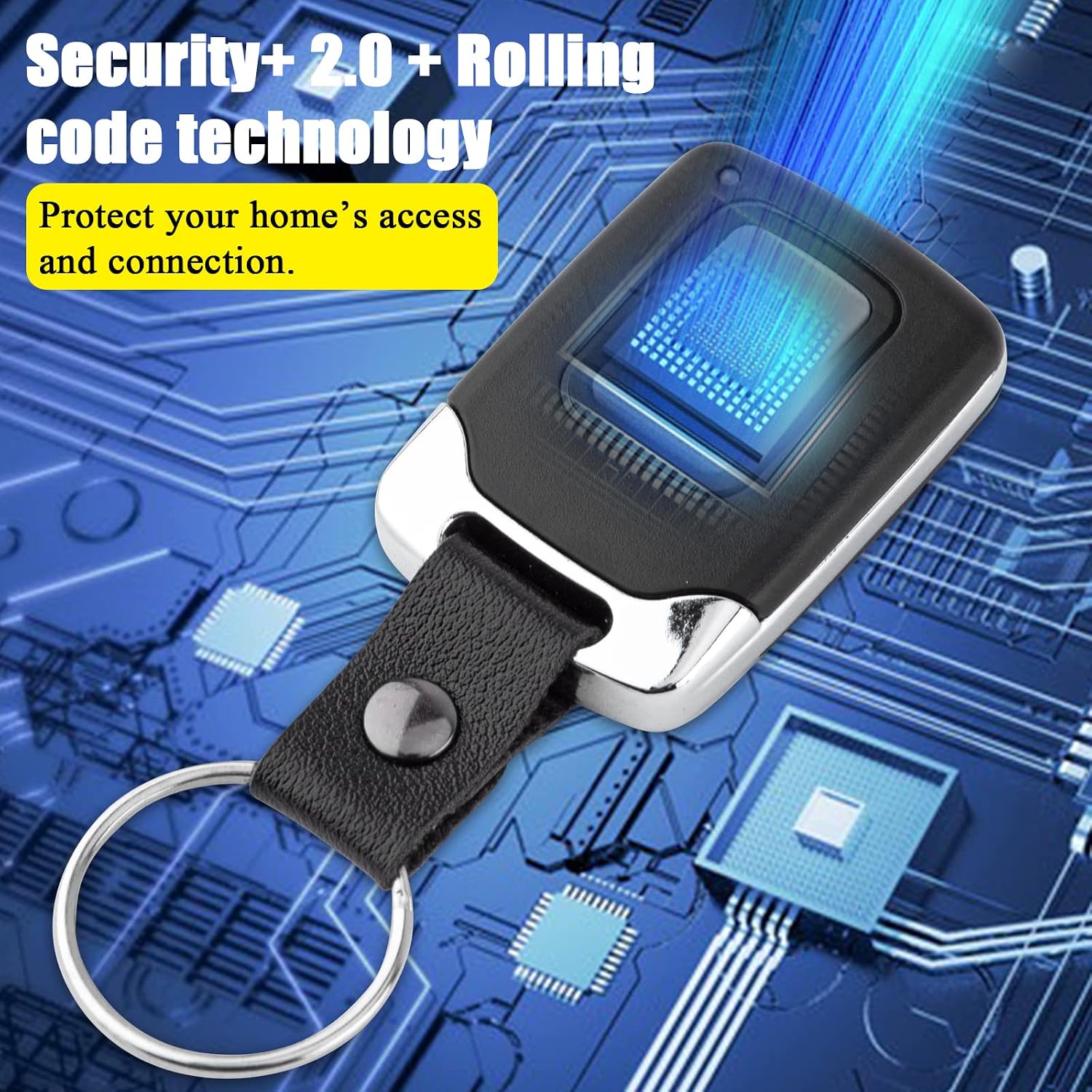 Image illustrating the Security+ 2.0 and rolling code technology of the remote control, with a circuit board background.