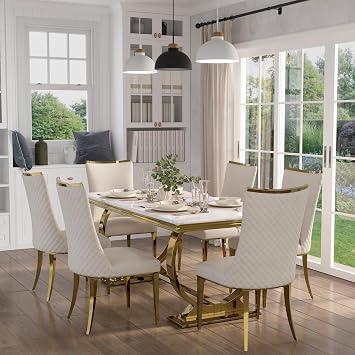 Luxury White and Gold Dining Room Set, 7 Piece Circle Base Dining Table Set for 6, 70" Rectangular Dining Room Table Sets with 6 White Velvet Dining Chairs