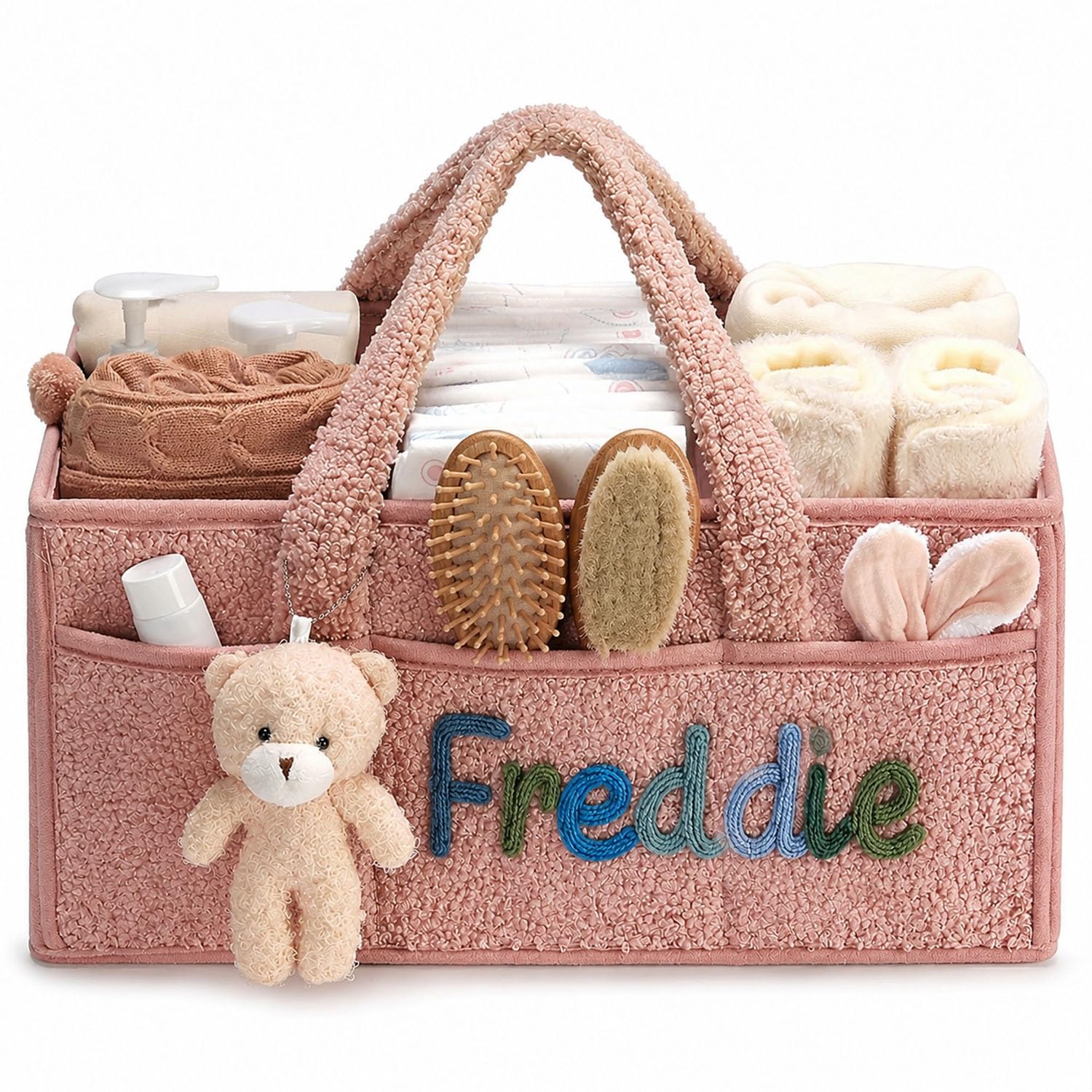 Personalized Plush Baby Diaper Caddy Organizer - Custom Name Nursery Storage Basket, Soft Portable Diaper Bin With Removable Dividers For Newborn Registry(Pink)