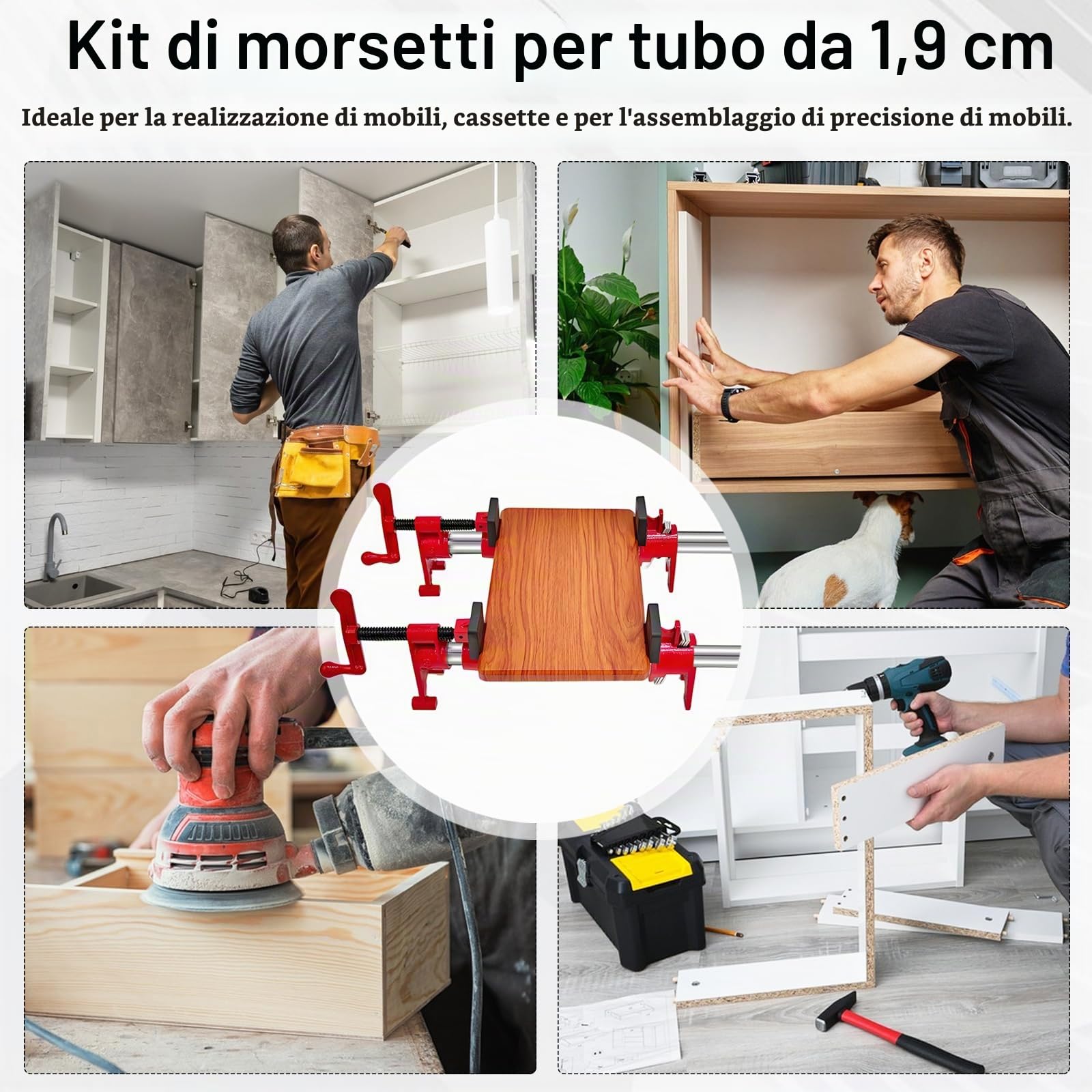 Set Di 6 Morsetti Per Tubi Da 3/4", 4 Morsetti A Sgancio Rapido con 2 Tubi In Acciaio Da 60 cm per Lavorazioni Di Falegnameria Fascette Stringitubo Per La Lavorazione Del Legno