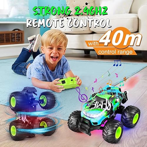 Miniatura 7 de Tobeape Camión monstruo a control remoto, 116 2.4 GHz todo terreno todoterreno RC auto de acrobacias con luz LED, efecto de aerosol, música y 2