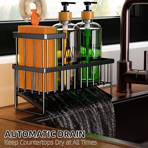 Miniatura 8 de Cisily Juego de dispensador de jabón para platos de cocina con soporte de esponja negro y 2 unidades de vidrio transparente de 16.9 onzas,