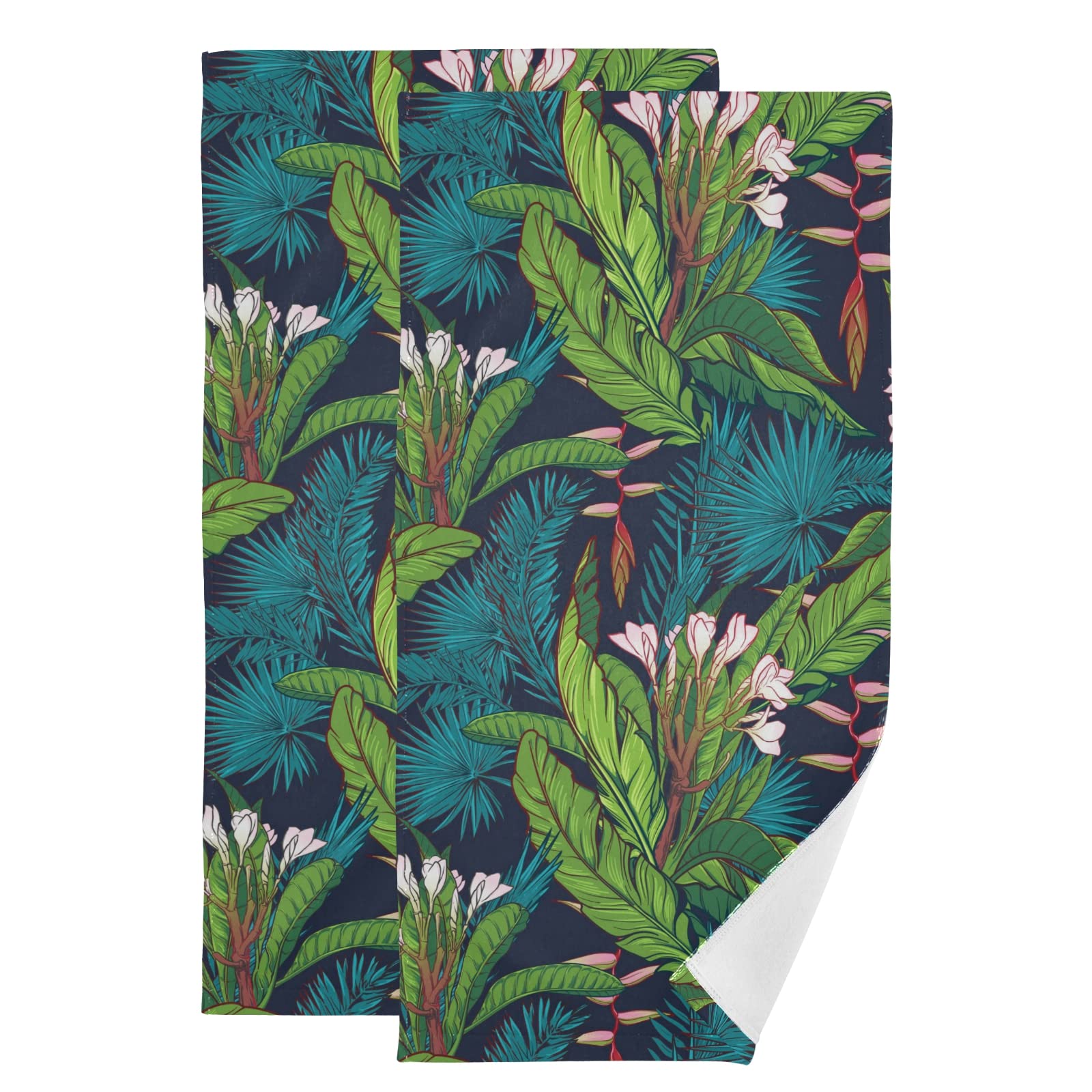 Poeticcity Blue Tropical Jungle Palm Tree Leaves With Flowers On Dark 2 Pieces Face Towel, Highly Absorbent Cotton Dish Hand Towels, Soft Washcloth For Spa Bathroom Hotel Kitchen Beach Gym Yoga