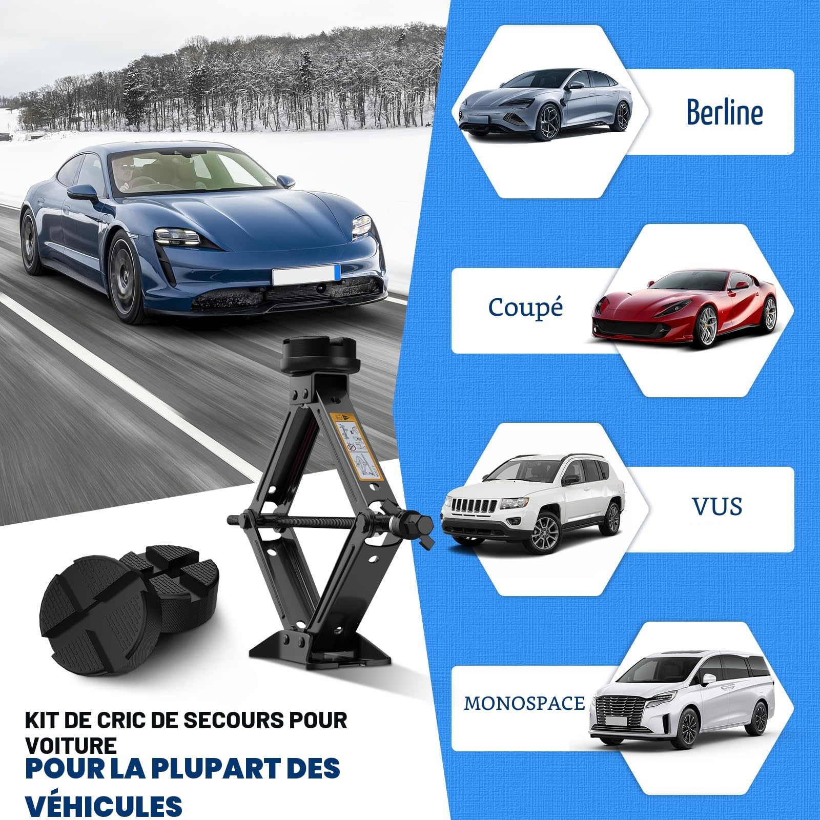 IMAYCC Nouveau Cric Voiture 2.5T/2500kg, Universel Crique Voiture avec Tampon Caoutchouc, Portable Cric De Levage avec Clé pour Écrous De Roue, Kit d'urgence Automobile