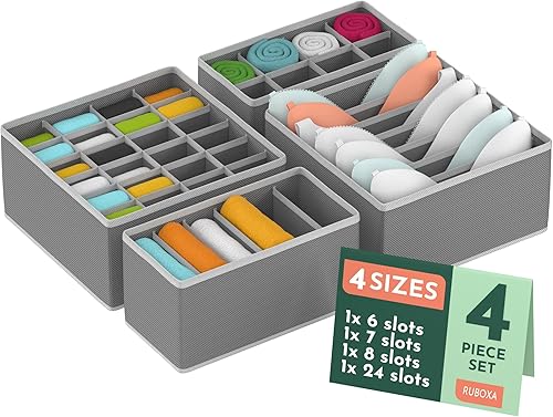 Organizador de cómoda, 4 unidades, organizadores de cajones de tela gris (4 tamaños con 45 ranuras), organizador de cajones plegables para ropa