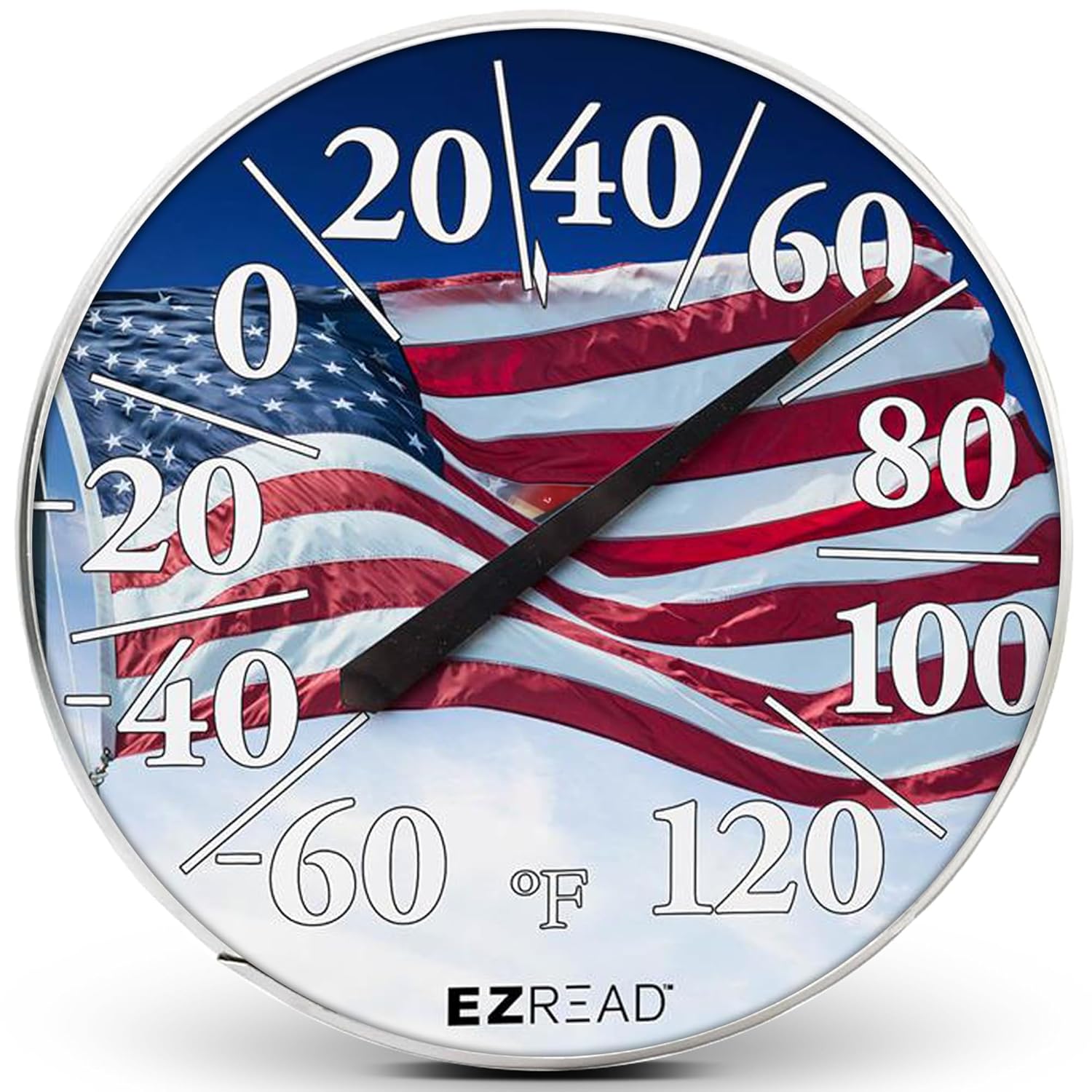 EZREAD Hanging Dial Thermometer 840-1221 Weather Thermometers for Indoor and Outdoor Use, Large 12.5 Inch Diameter, Easy to Read Numbers, American Flag