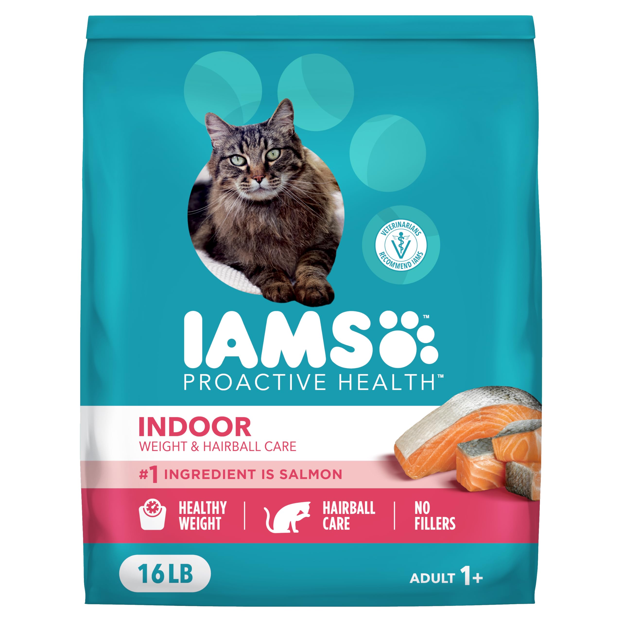 IAMS Proactive Health Dry Cat Food, Indoor Weight and Hairball Care Cat Food Dry Recipe, with Salmon, 16 lb. Bag