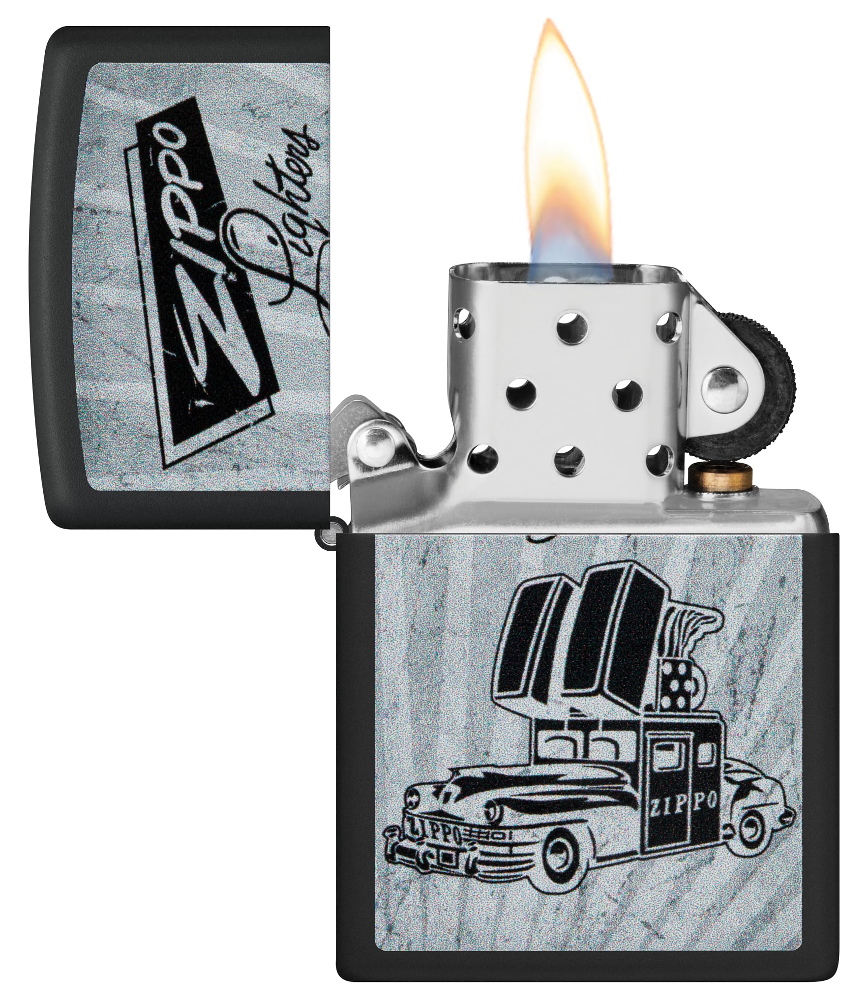 Zippo Car Zapalniczka Sztormowa, Kolorowy Nadruk, do Napełniania, Wielokrotnego Użytku, Wiatroodporna Konstrukcja, Pudełko na Prezent, Wykonano w USA, Kolor Czarny Matowy