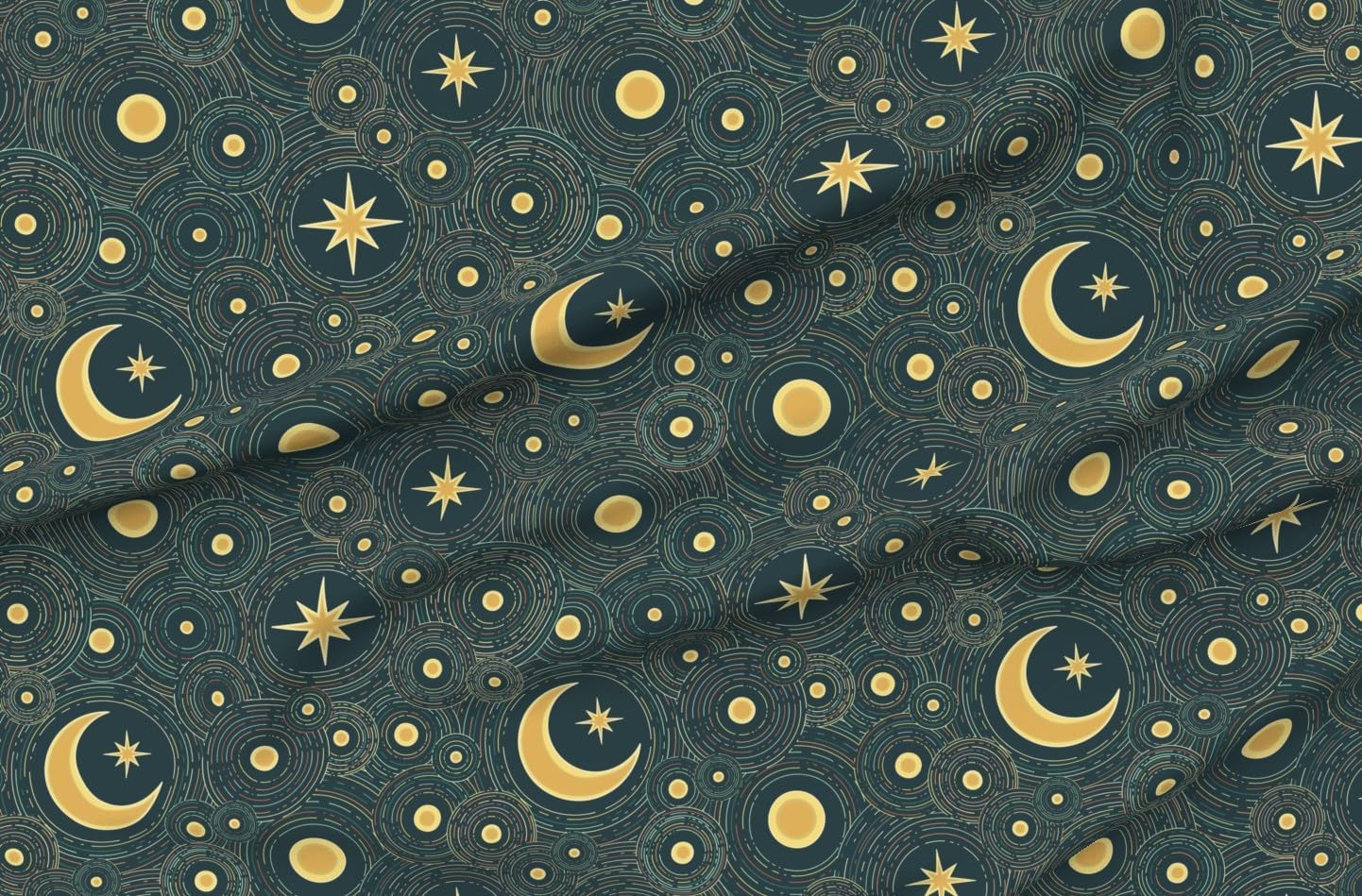 Spoonflower Fabric - Night Sky Dark Blue Yellow Stars Moon Celestial Galaxy Printed on Petal Cotton Fabric Fat Quarter - Sewing Quilting Apparel Crafts Decor