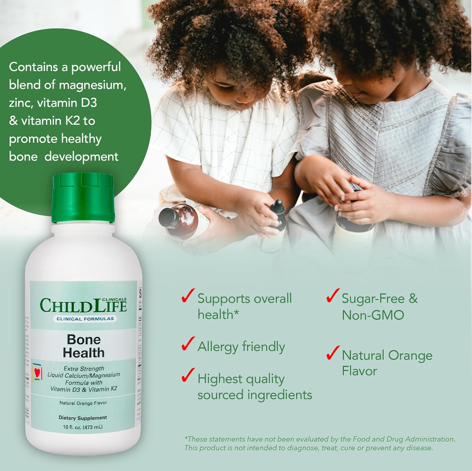 CHILDLIFE ESSENTIALS Clinicals Bone Health - Baby Liquid Calcium, Kids Calcium Liquid w/ Magnesium, Zinc, Vitamin D3, for Babies 6 Months & Up, Toddlers, Children - Orange Flavor, 16 fl oz (1 Pack)