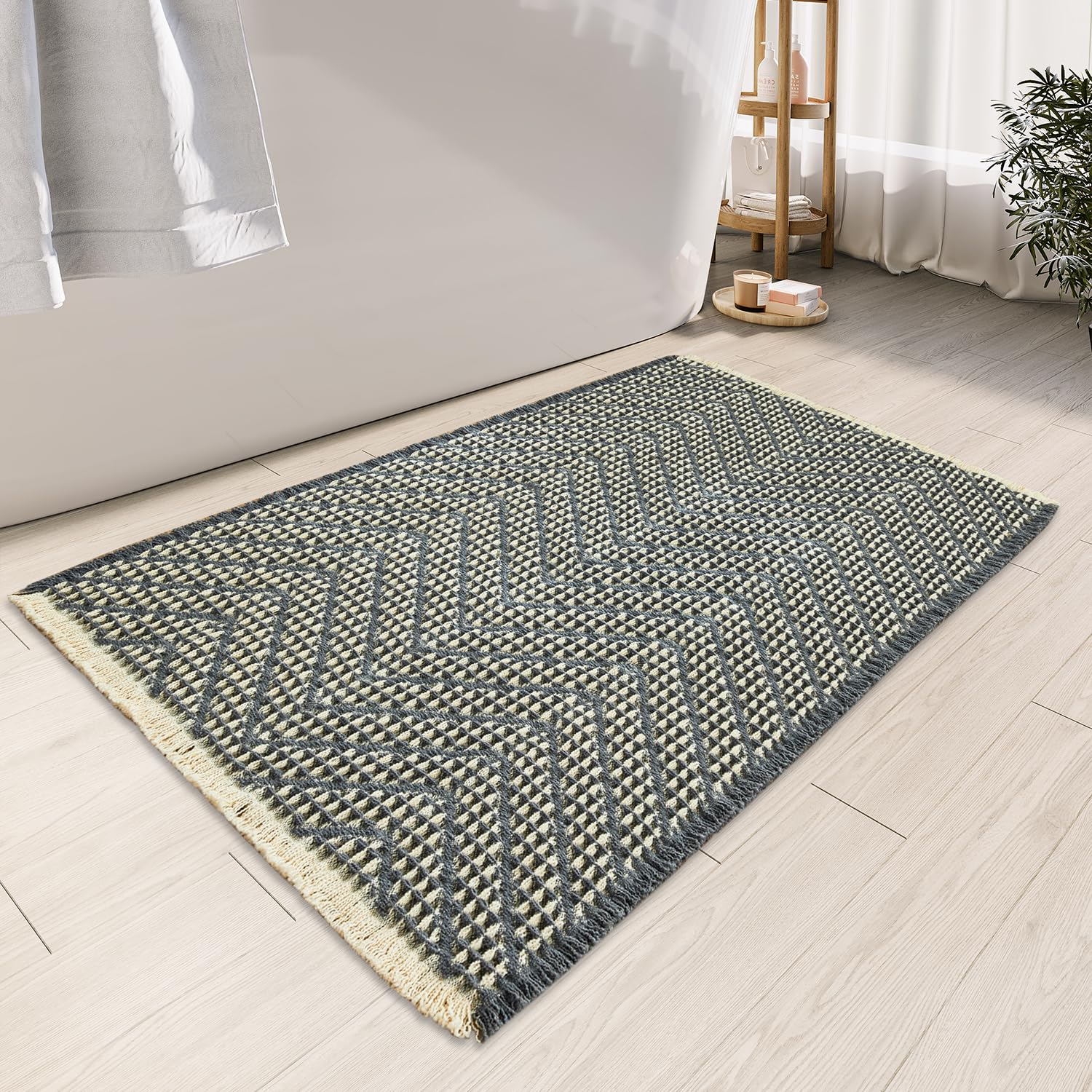 Woven Bath Mat,Upgraded Waffle Self Drying Bathroom Mat,Super Absorbent Non Slip Bathroom Drying Mat,Bathroom Rugs Non Slip Washable for Bathroom Floor,Ultra Soft,Bluish Grey & Yellow,24"*36"