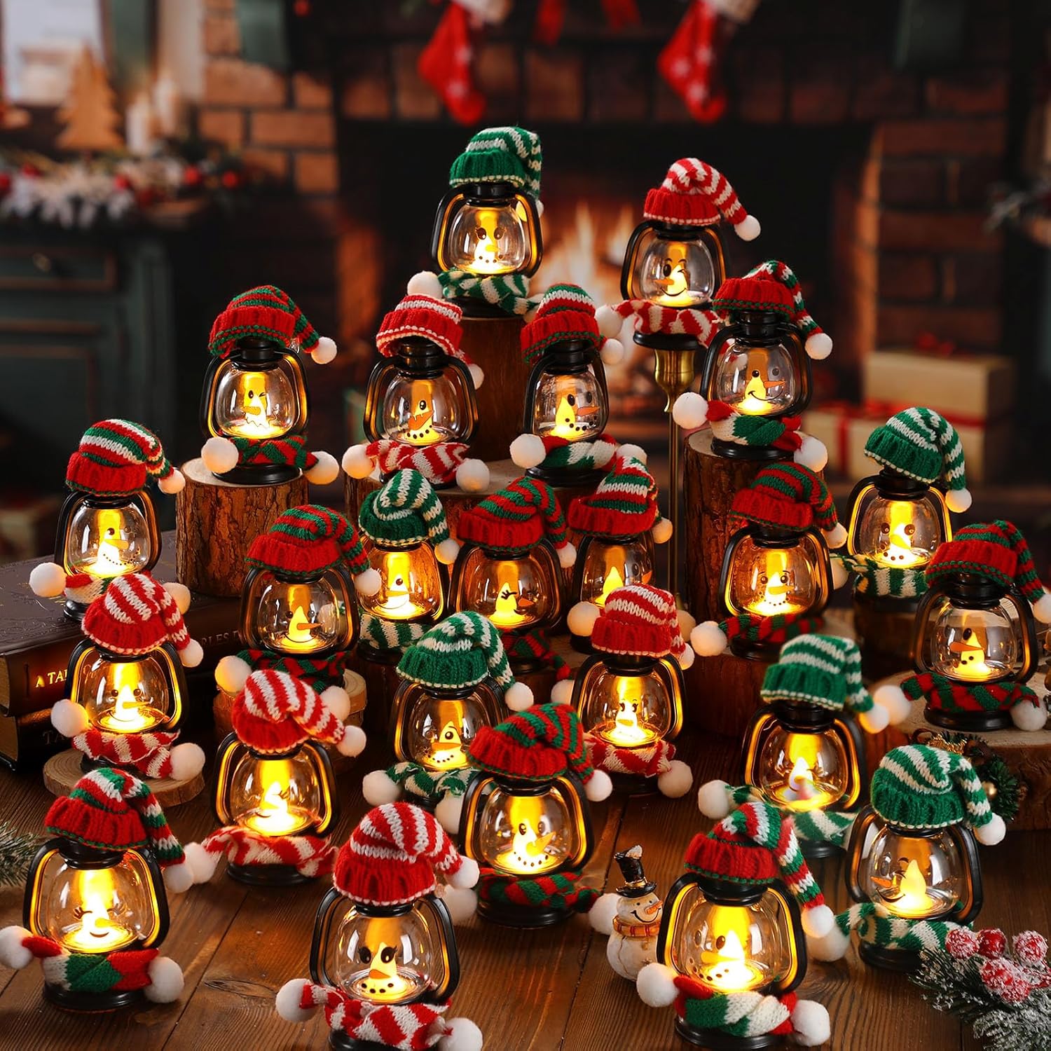 Ferraycle 24 Pack Christmas Snowman Decoration Mini Snowman Lantern with Hats and Scarves Winter Small Snow Man Table Centerpiece Decorative Xmas Hanging Lamp Bulk for Holiday Party Favor