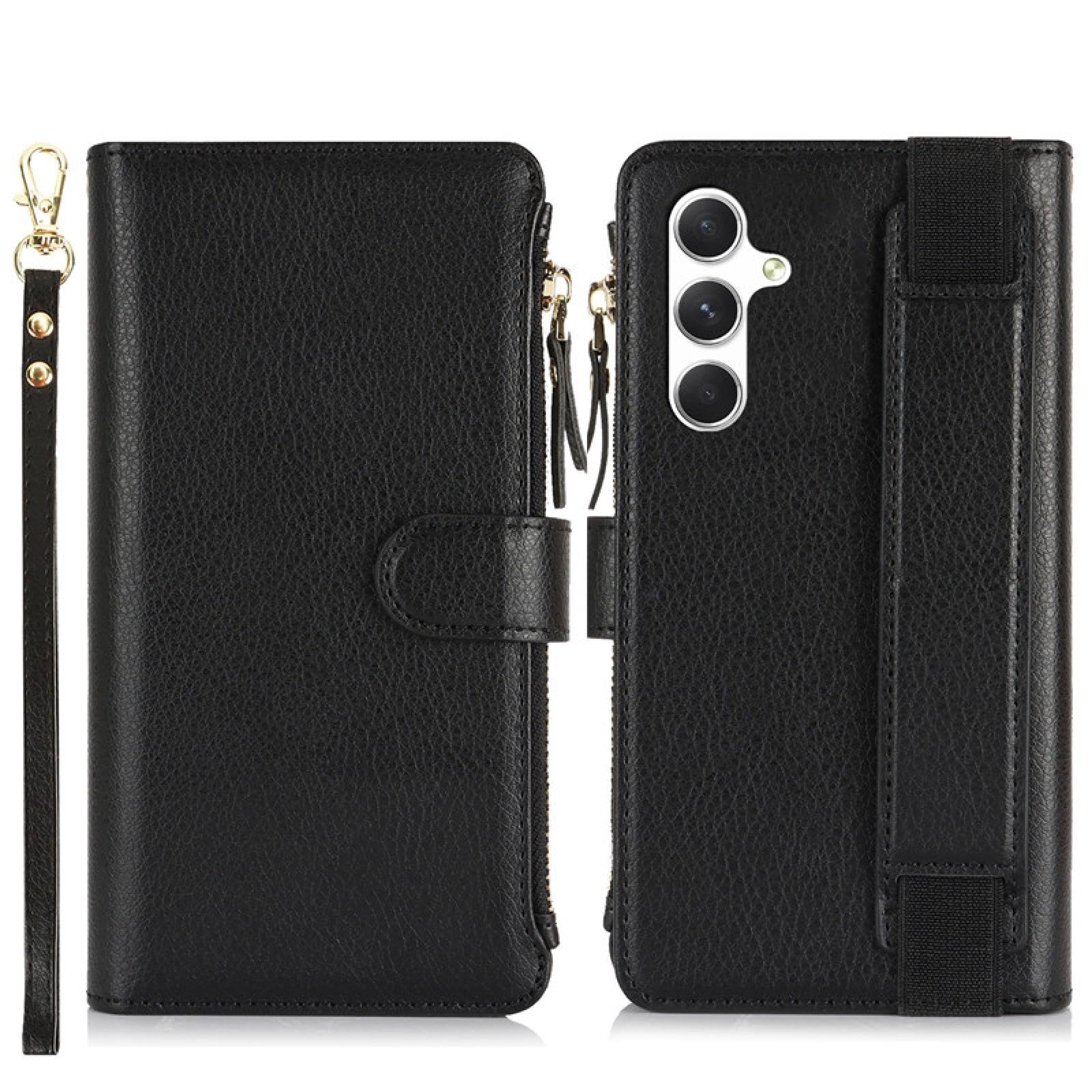 Für Samsung A72 (4G 5G) Handschlaufe Leder Reißverschluss Brieftasche Karte Handyhülle Lanyard Flip Cover (Für Samsung A72 (4G 5G)/schwarz)