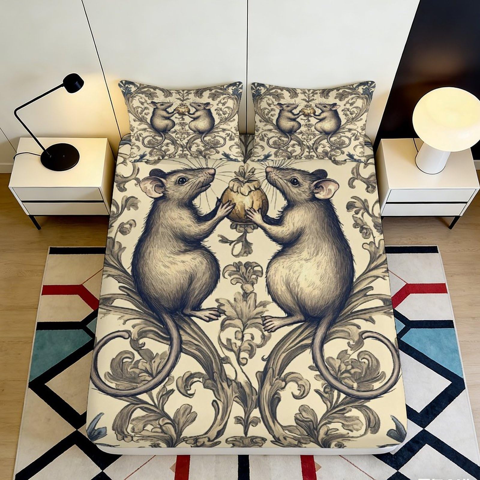 3D Printed Vintage Mouse Pattern Fitted Sheet Microfiber Soft Breathable Artistic Rat Design Mattress Cover for Bedroom Dormitory Guest Room Protection 120x200x25cm
