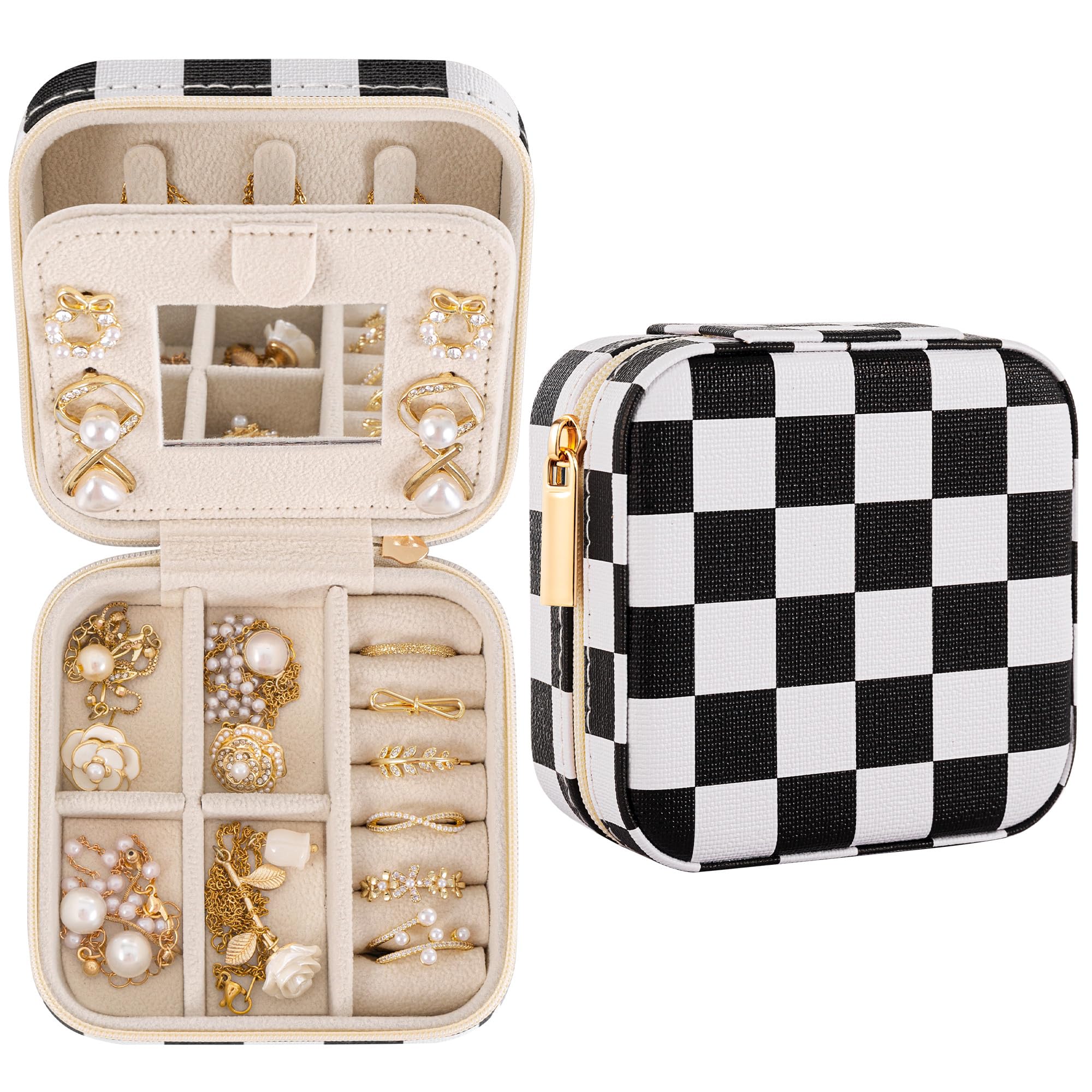 Checkered Travel Jewelry Case Classic Retro Small Jewelry Box for Women Girl Trendy Birthday Gradution Gift