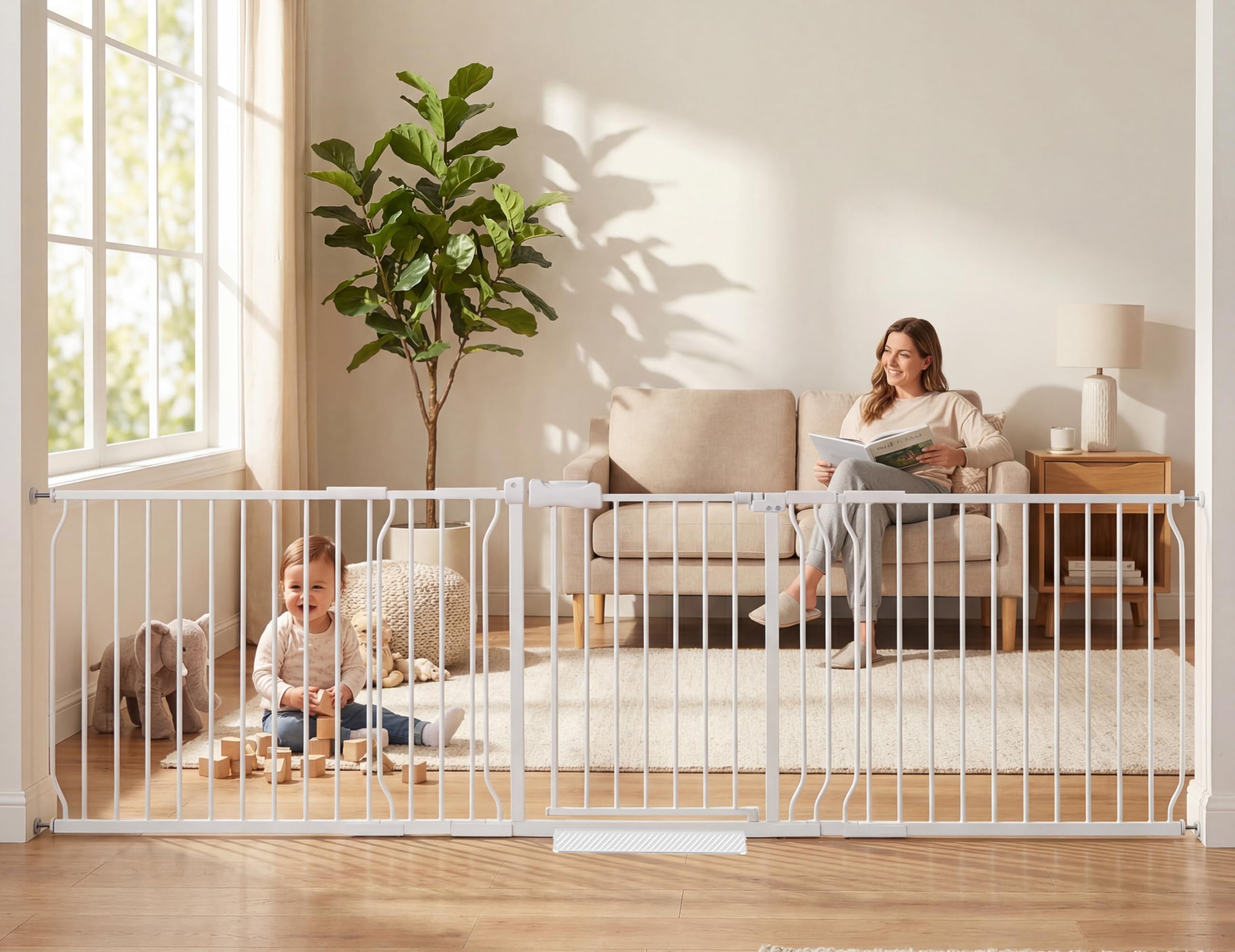 COSEND Extra Wide Baby Gates Large Long Dog Gates for The House Doorways Stairs Pressure Mount Dog Pet Gate Walk Through Metal Child Indoor Safety