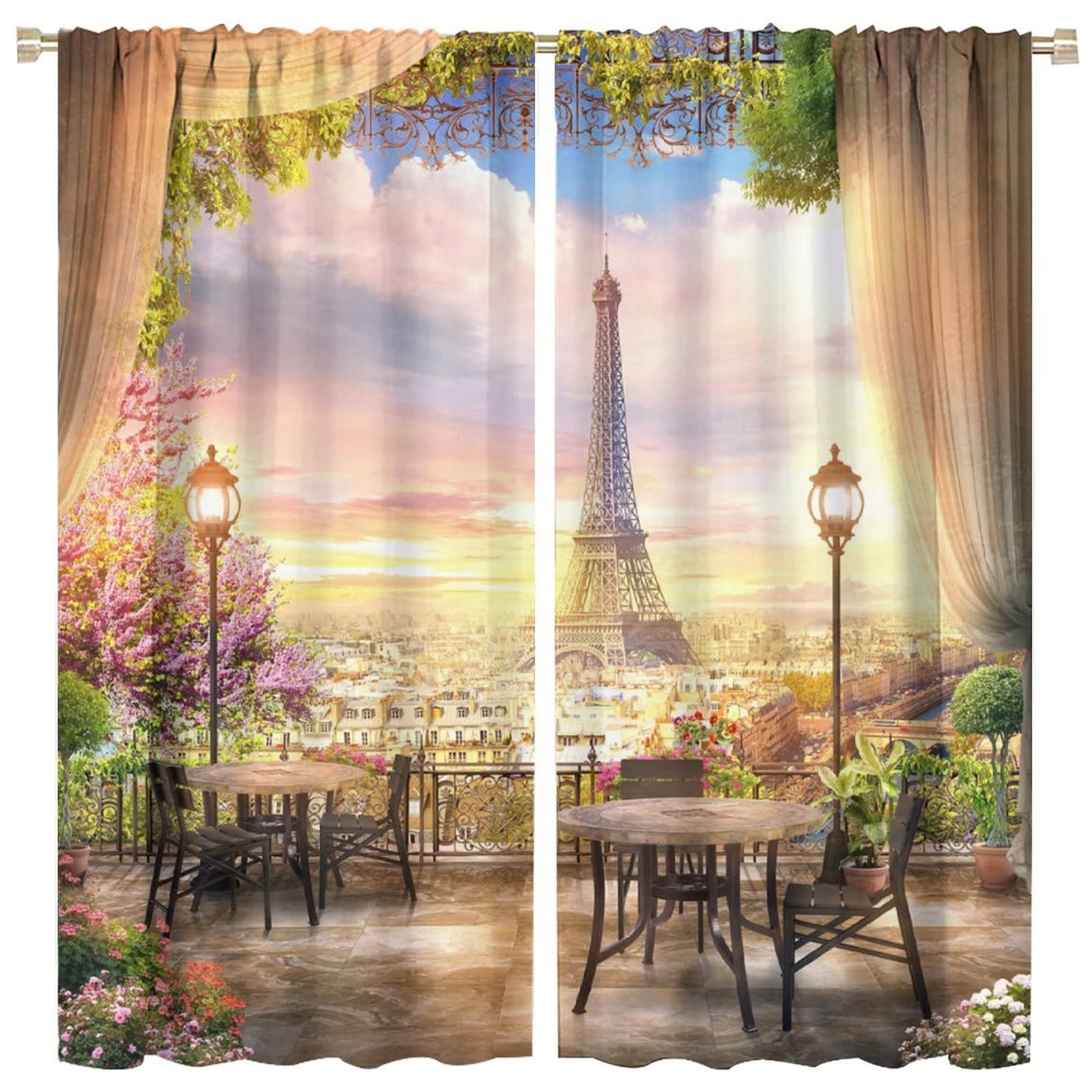 JESTRONRY France Paris Eiffel Tower Curtains,Romantic Travel Cityscape Style Blackout Rod Pocket Window Drapes 2 Panel Set for Living Room Bedroom Kitchen Cafe W63xL63in