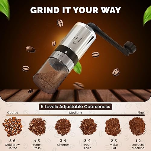 Miniatura 3 de Molinillo de café manual  Molinillo manual de grano de café con manivela, 6 ajustes de molienda para expreso, prensa francesa y vertido  Molinillo